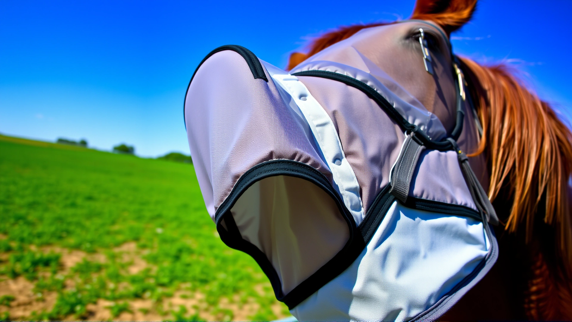 Close-up of a horse wearing a UV-protective fly mask in a sunny paddock, clear blue sky and green grass in background.
