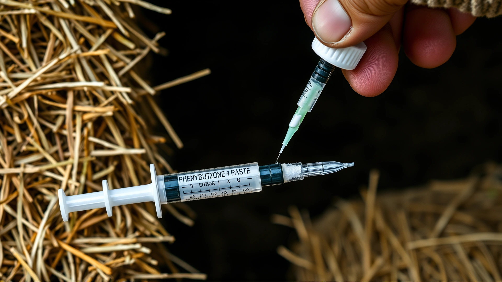 Close-up of a human hand squeezing phenylbutazone paste onto a dosing syringe beside a bale of hay.