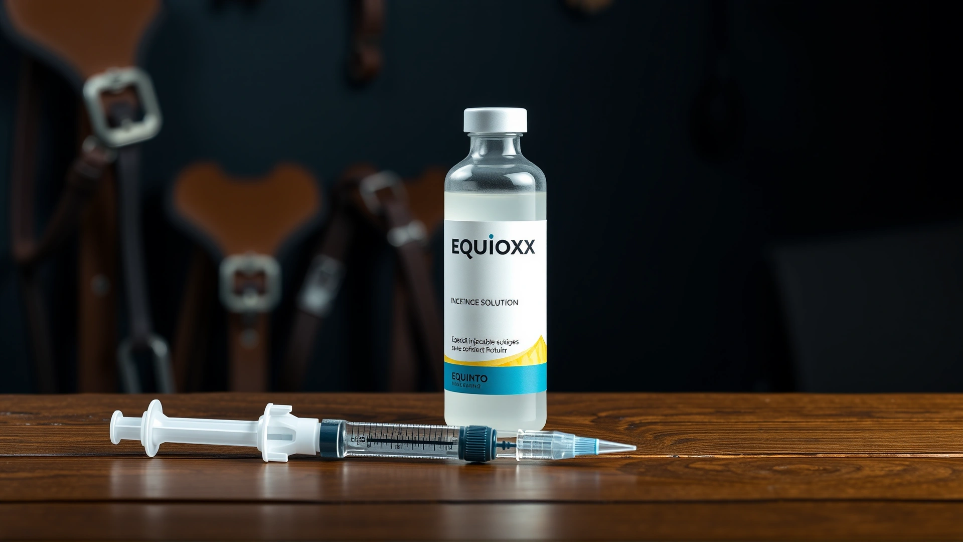 Elegant horizontal photo of a bottle of Equioxx injectable solution and an oral paste syringe placed on a wooden table with horse tack in the background, studio lighting