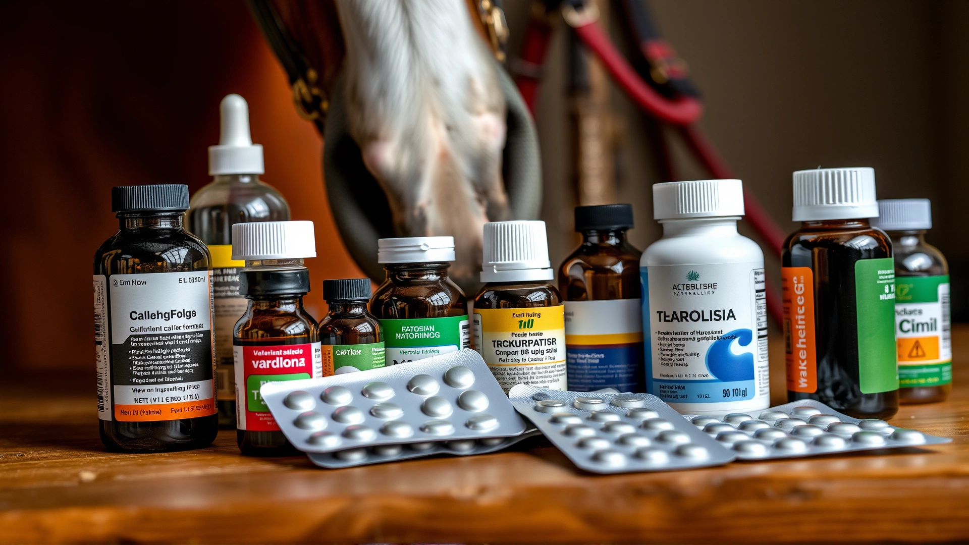 Close-up of assorted veterinary medicine bottles and blister packs on a wooden table with a halter and horse brush in the background.