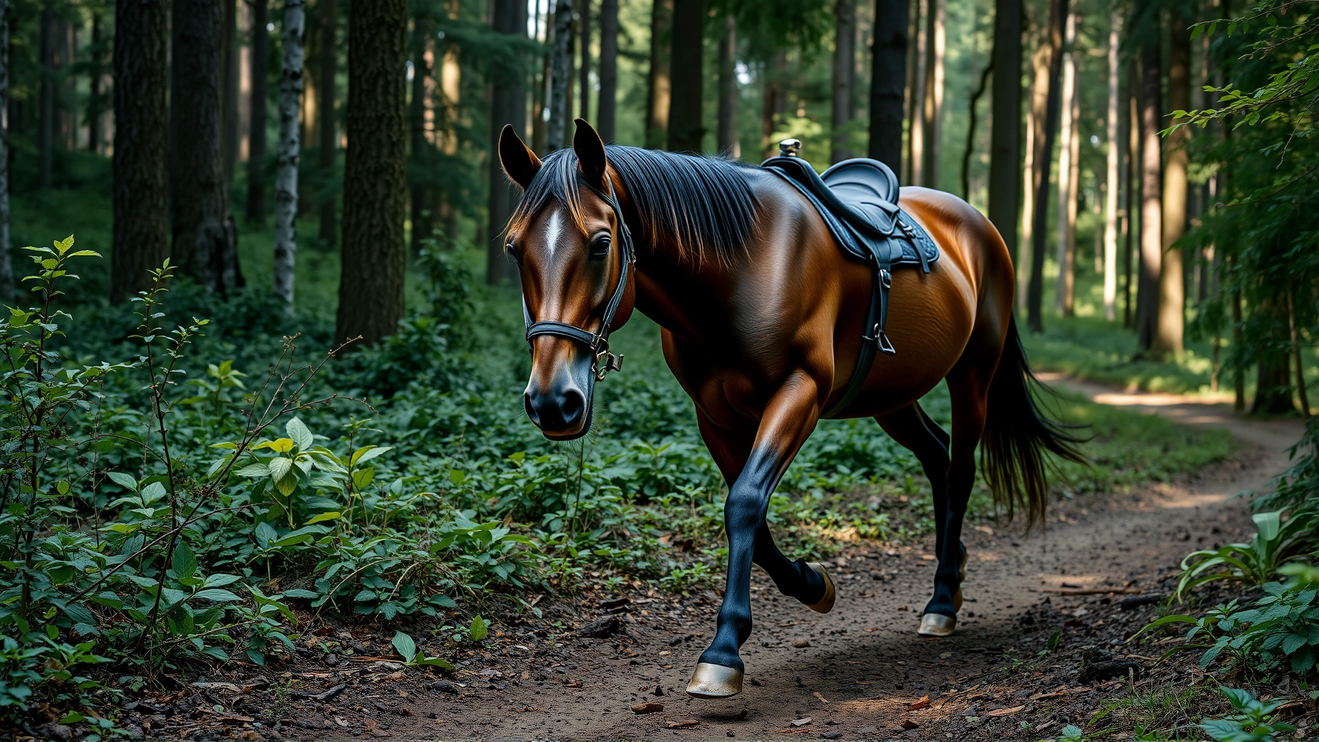 A horse navigating a familiar forest trail with confidence, suggesting strong spatial memory.