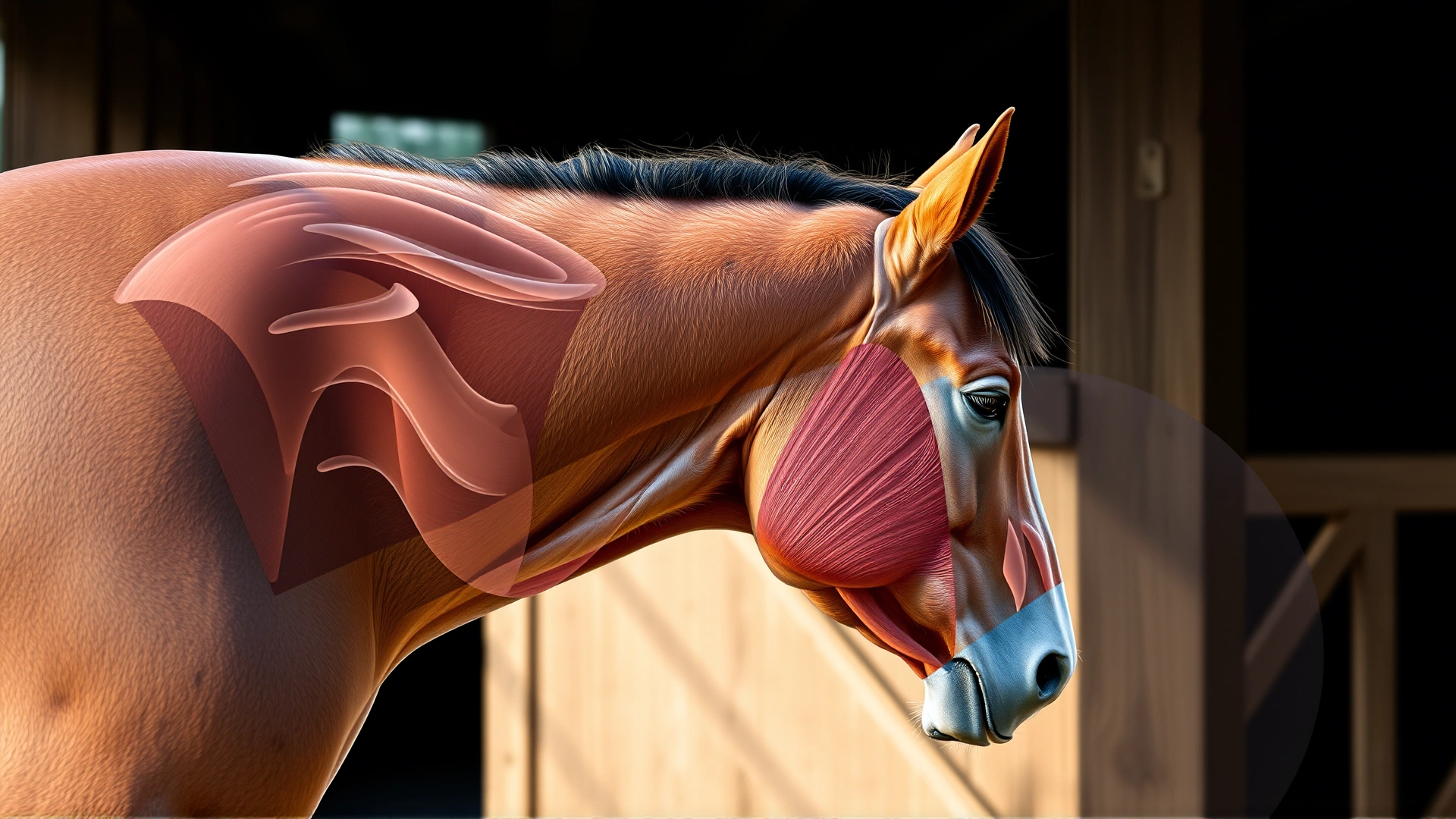 Close-up side view of a horse with transparent overlay showing major muscle groups highlighted in subtle colors, outdoor stable background, realistic style