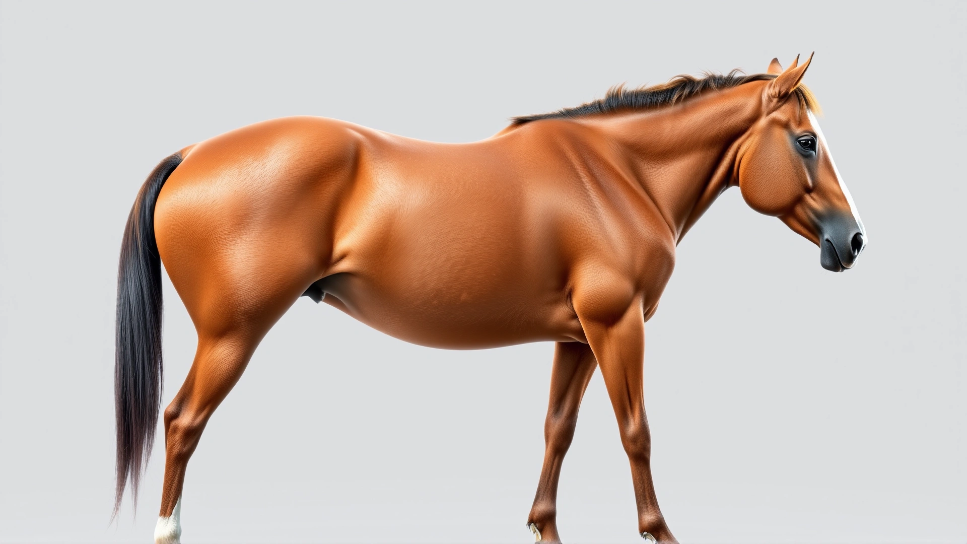 Close-up lateral view of a horse with semi-transparent overlay highlighting major muscle groups, in a clean studio background.