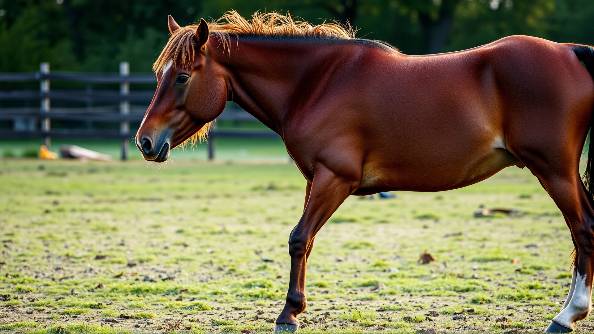 Side view of a distressed bay horse stumbling slightly in a paddock, illustrating neurological symptoms of EEE, late afternoon light.