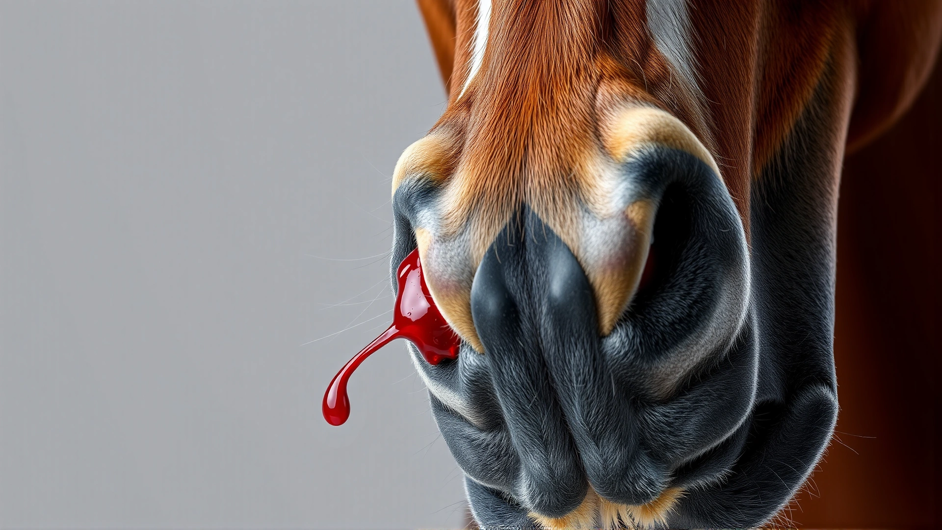 Close-up of a horse's muzzle with a small trickle of fresh blood coming from one nostril, neutral background for focus.