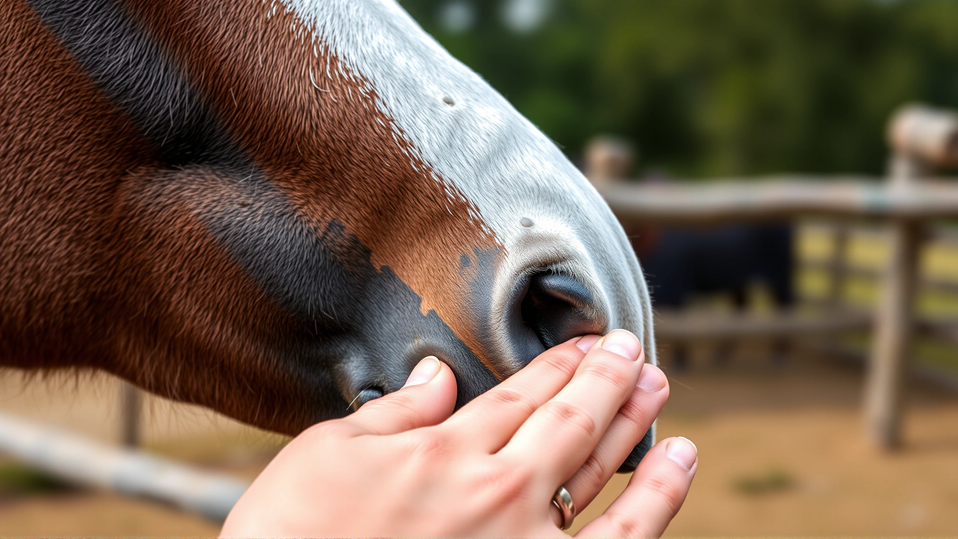 Close-up of a horse gently nuzzling a human hand, showcasing tenderness and trust.
