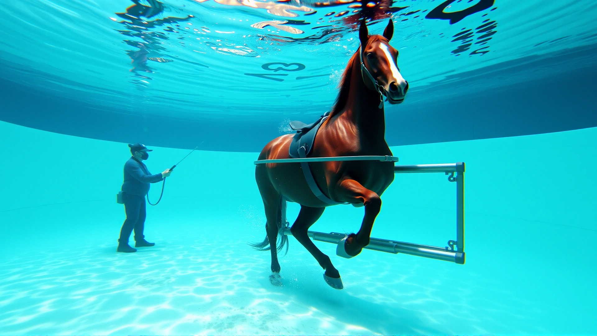 Side view of a bay horse trotting on an underwater treadmill, water up to its knees, handler monitoring controls