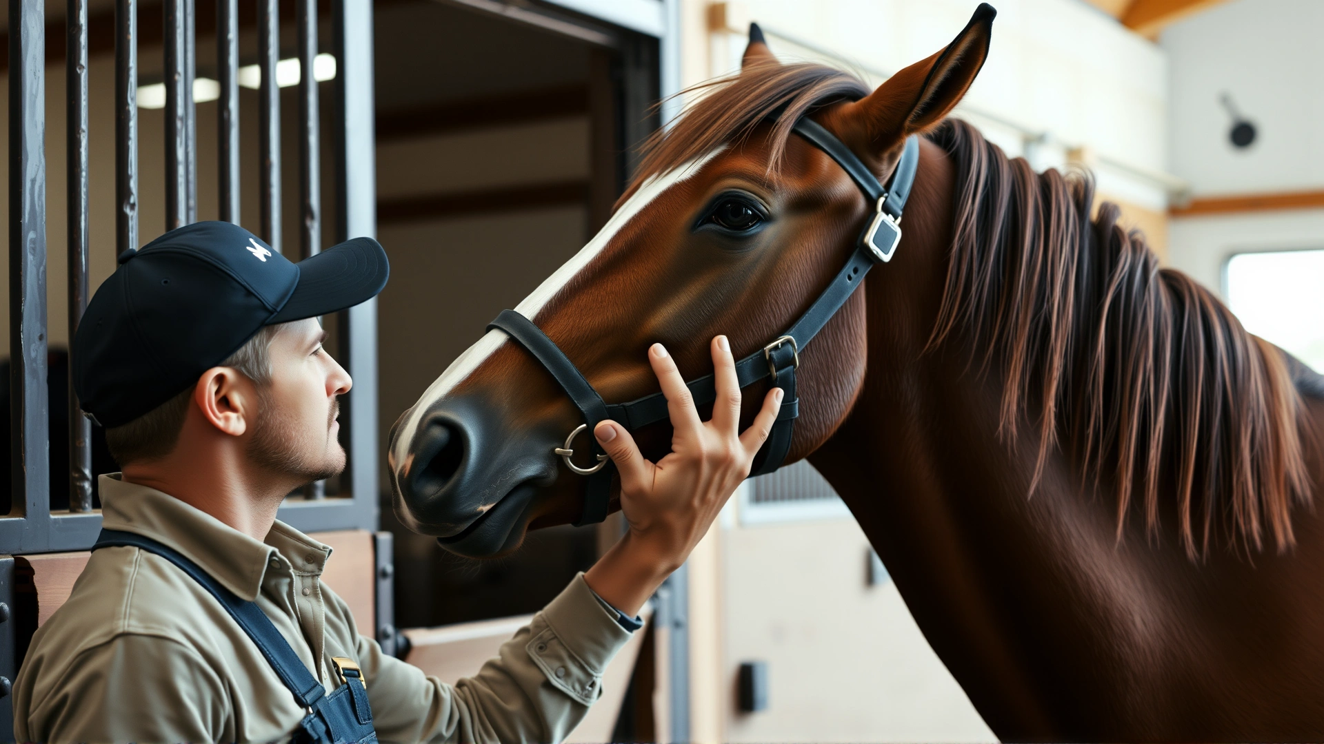 Horse owner gently stroking a horse's neck inside a stable, emphasizing human–animal bond