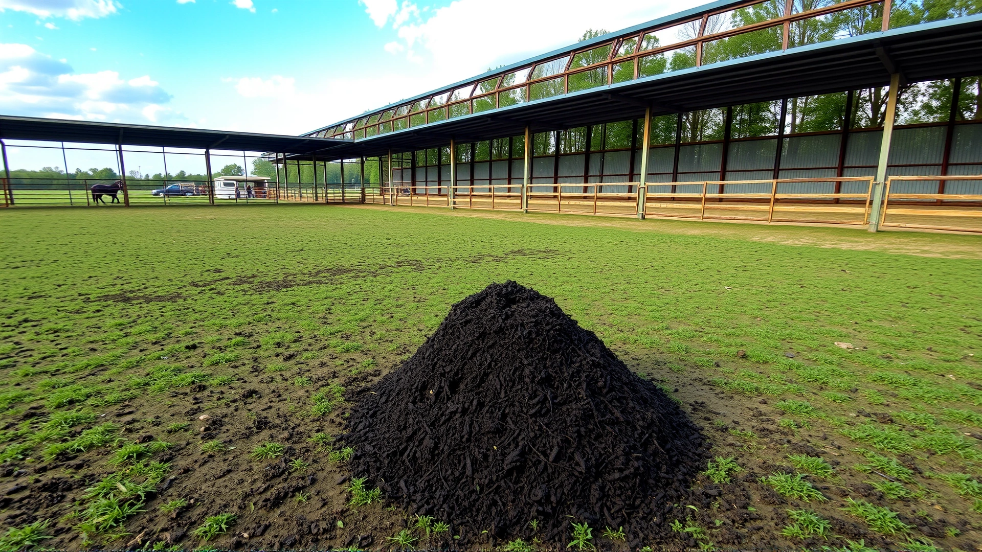 Clean, spacious paddock with covered manure pile and few flies, showing ideal preventive environment for horses.
