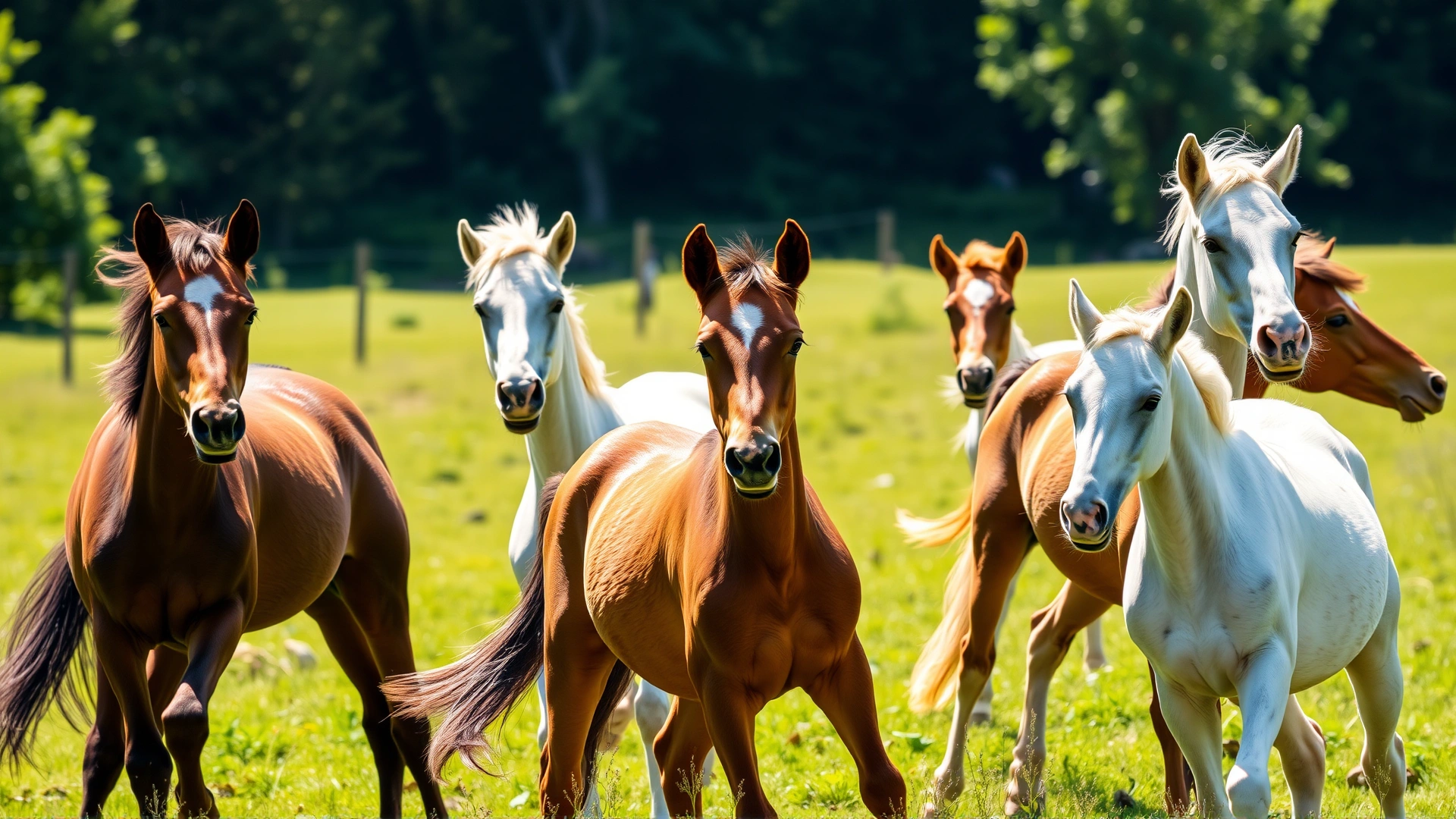 Group of young horses playing together in a green pasture, sunny weather, vivid colors, emphasizes contagion risk in young horses.