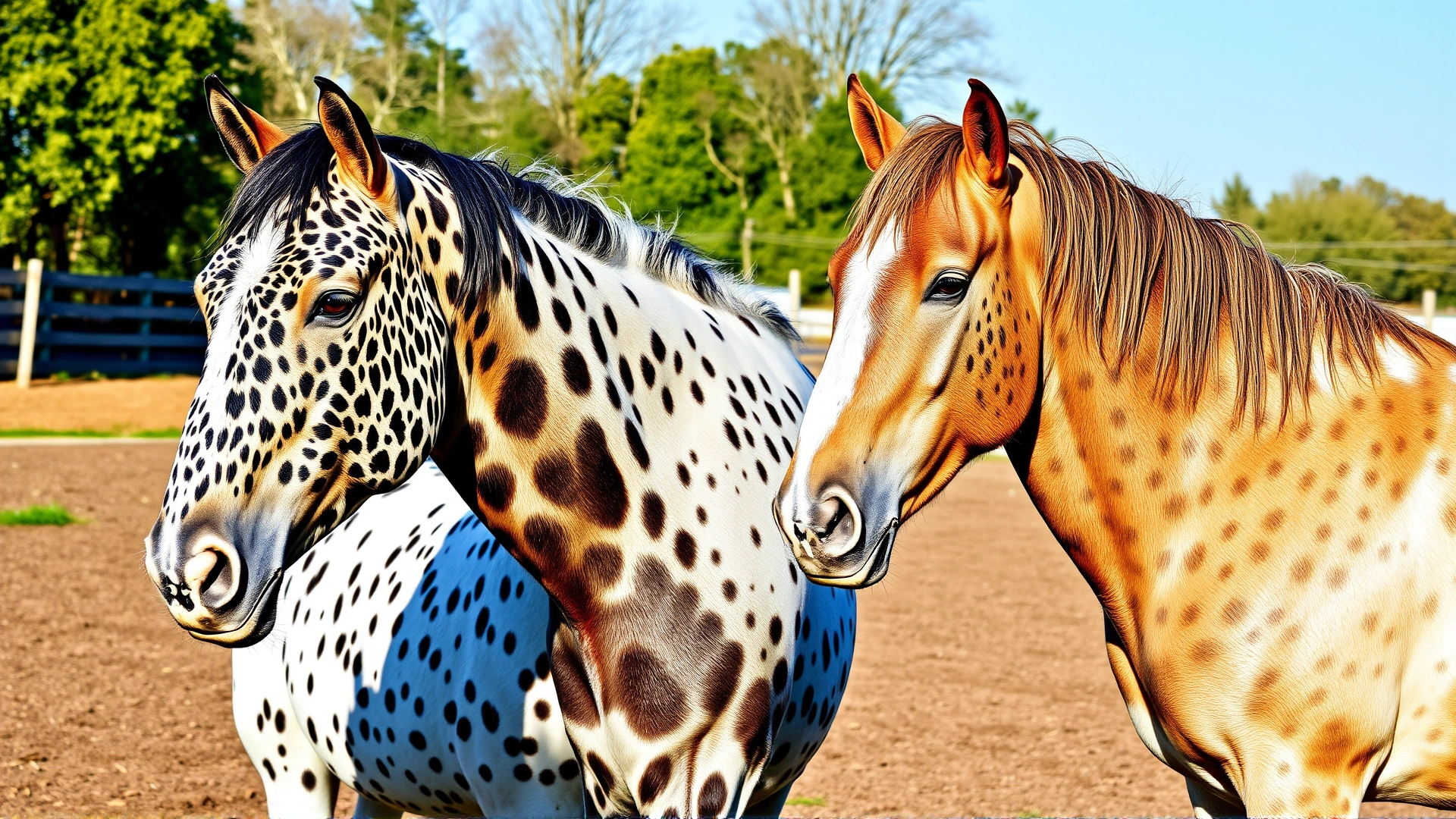 Collage of three Knabstrupper horses showcasing different coat patterns (leopard, blanket, snowflake) side by side in an outdoor paddock, bright daylight, no text