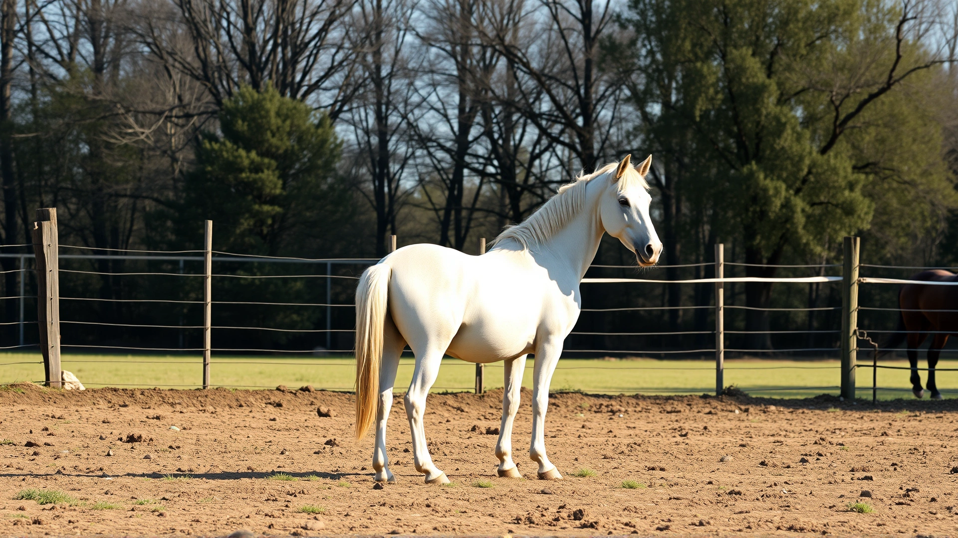 A single horse standing alone in a fenced paddock separated from other horses, illustrating quarantine; bright daylight, natural farm setting, no text
