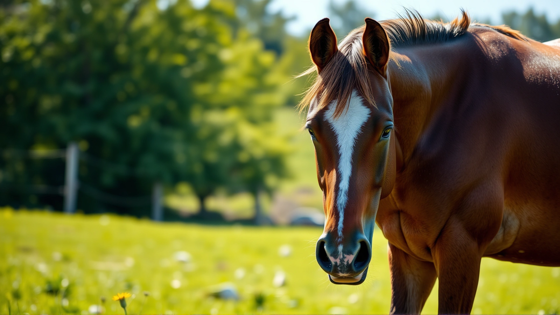 A relaxed horse with a shiny coat grazing in a sunny pasture, representing post-recovery well-being