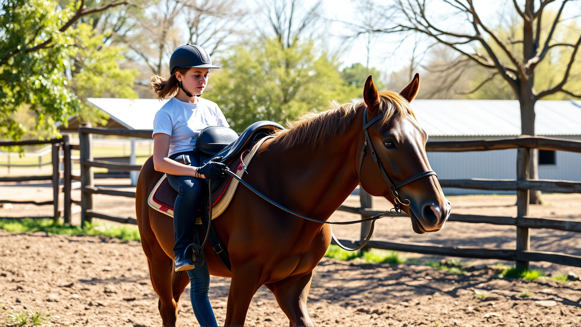 Young rider walking a recovering horse on a sunny paddock, slow gentle walk, supportive context, no text