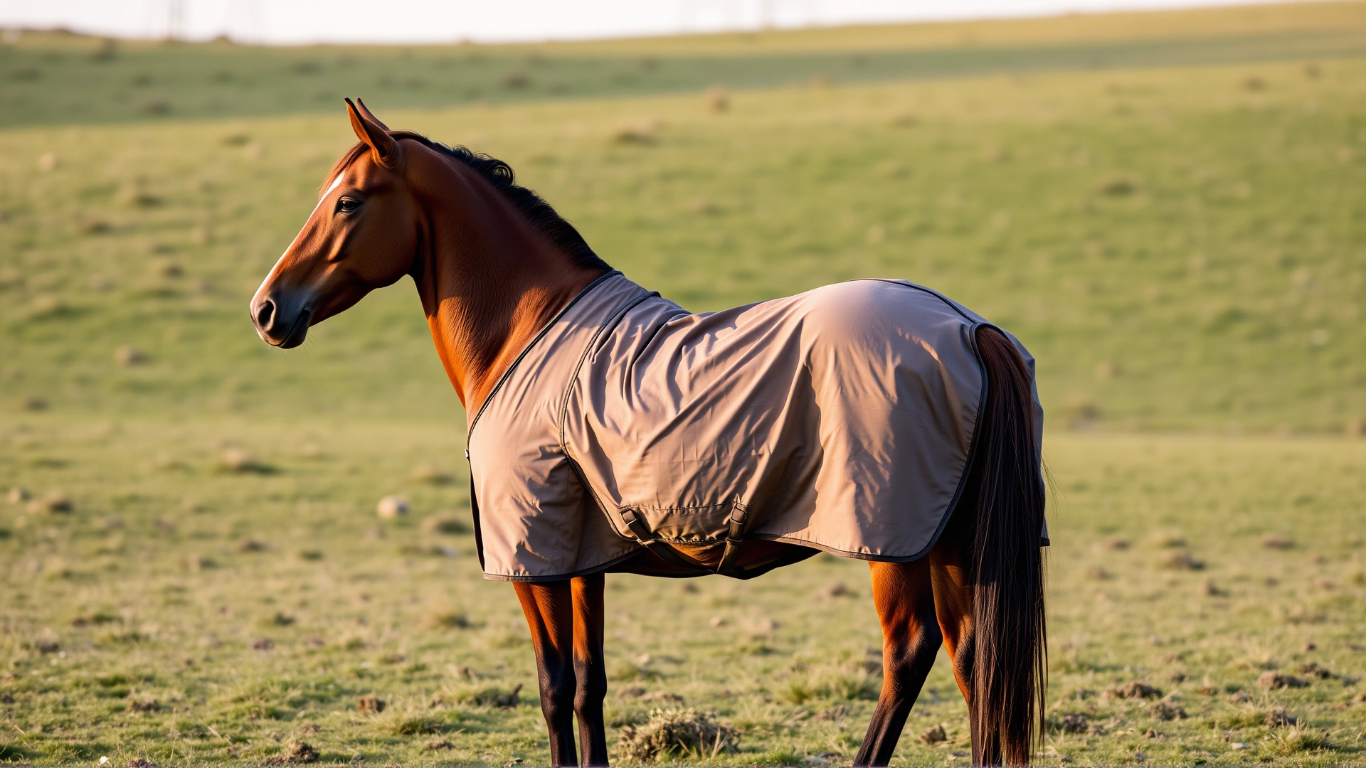 Calm horse standing in a grassy paddock post-recovery, wearing a light exercise sheet, with relaxed posture and a soft afternoon light.