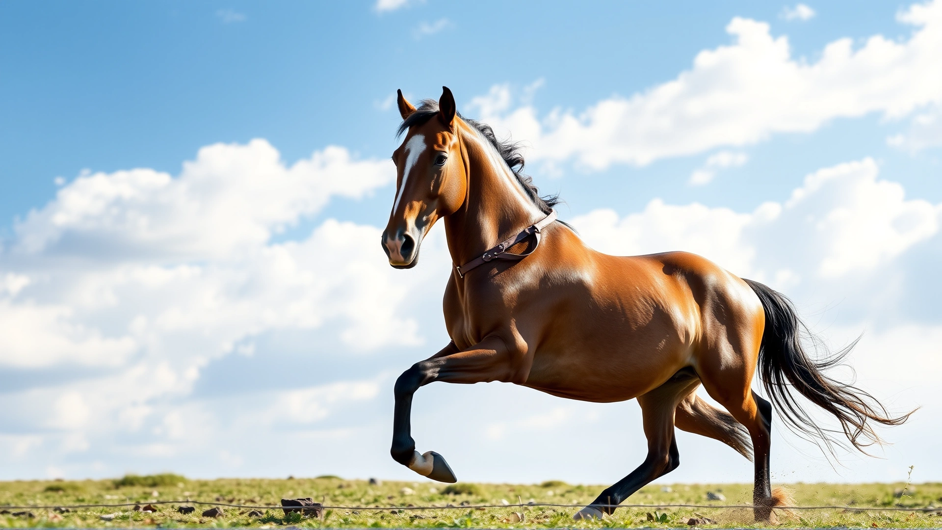 Healthy horse galloping freely in an open paddock under clear skies, symbolizing successful recovery