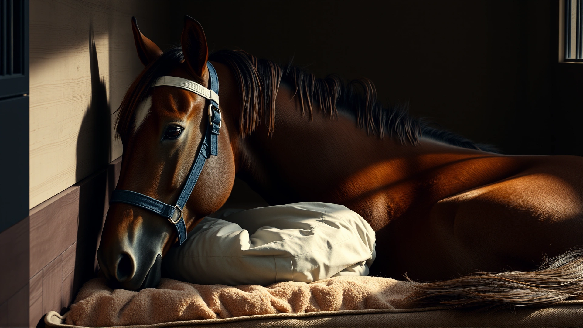 Horse resting in a quiet, well-bedded stall with soft lighting and supportive bandage on head, calm atmosphere, realistic photography