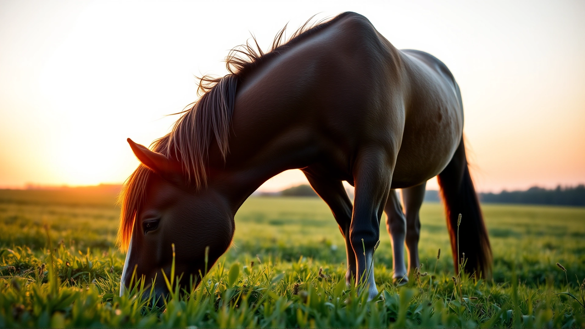 Healthy-looking horse grazing peacefully in a green pasture at sunset, symbolizing recovery and wellness, no text