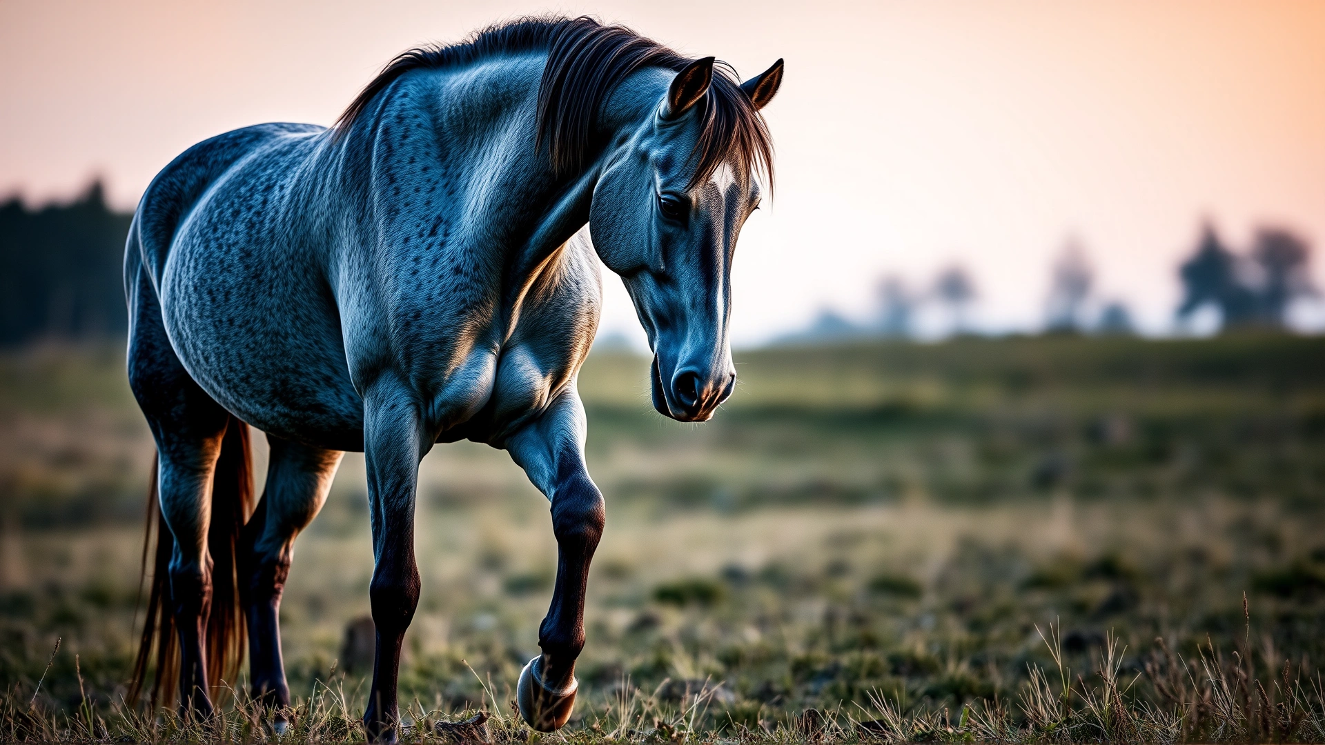 Wide shot of a grey horse standing in a field at dusk, resting one hind leg and lowering its head in a relaxed posture.