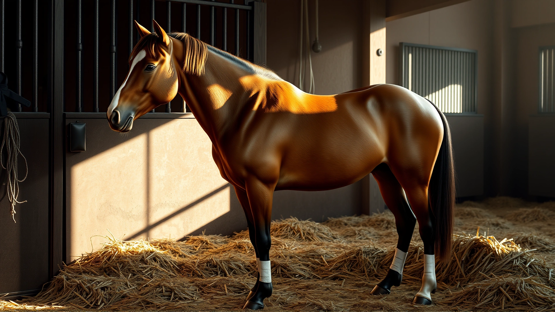 Horse standing calmly in its stall with lightly bandaged legs, straw bedding and soft morning light