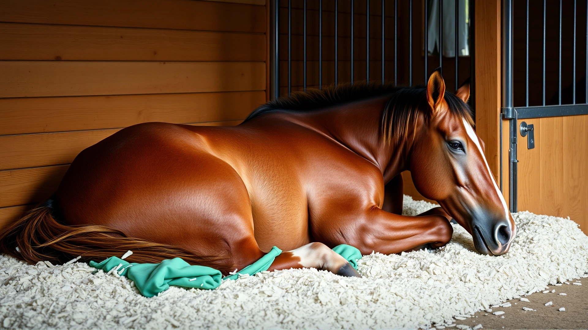 Horse resting comfortably in a clean stall with fresh bedding, symbolizing recovery and wellbeing post-treatment.