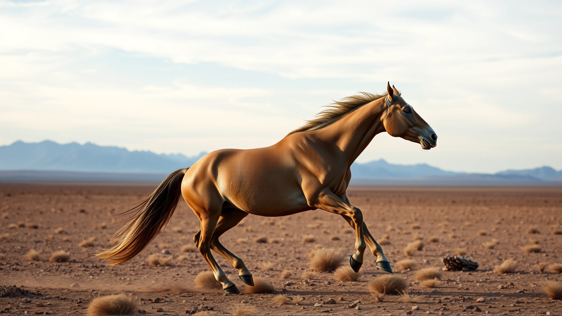 Side view of an athletic Akhal-Teke horse sprinting across a vast arid steppe with mountains in the distance