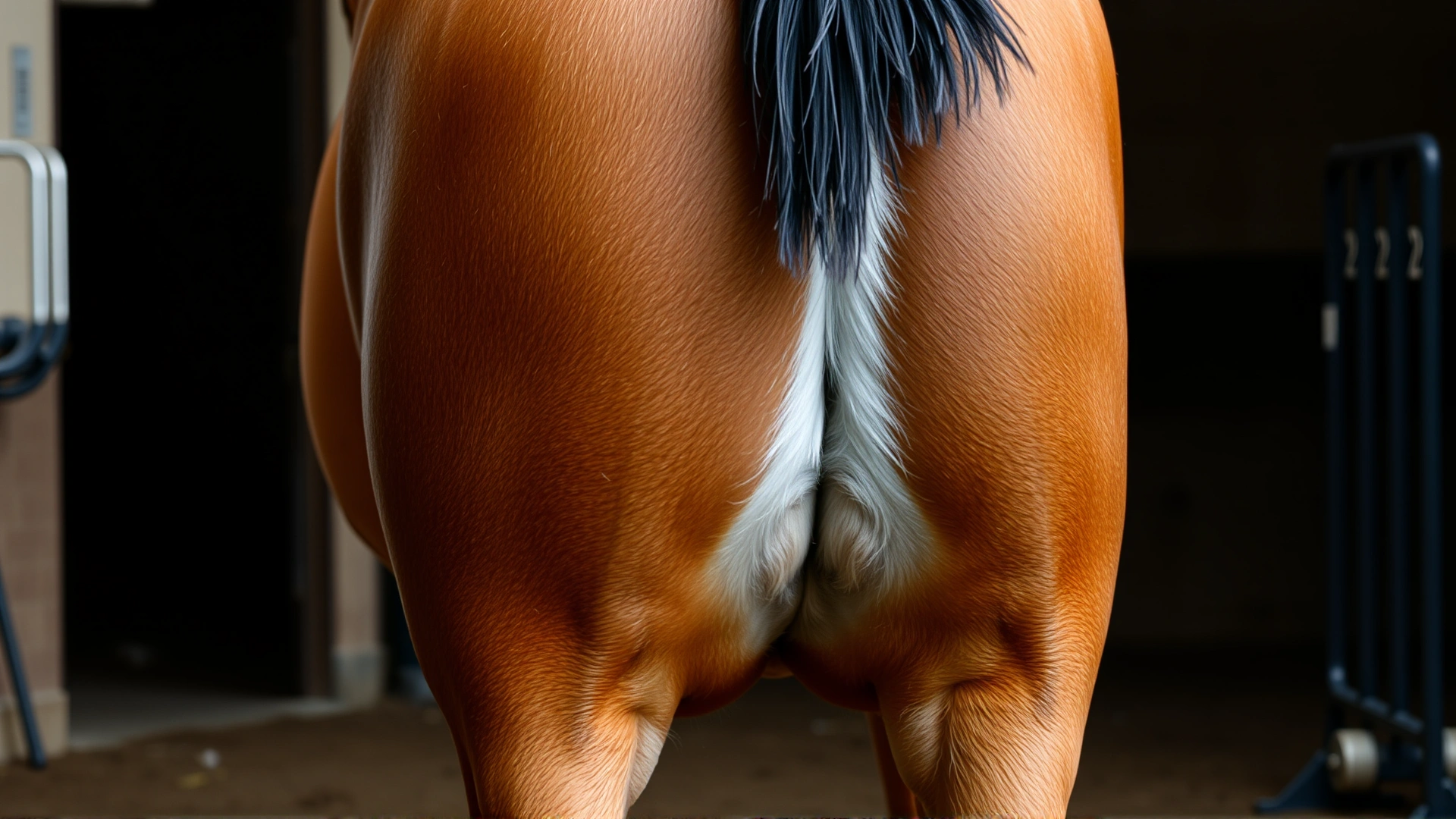 Close-up of a draft horse’s hindquarters showing visible muscle tremors while the horse attempts to back up; indoor stable setting, high resolution, no text
