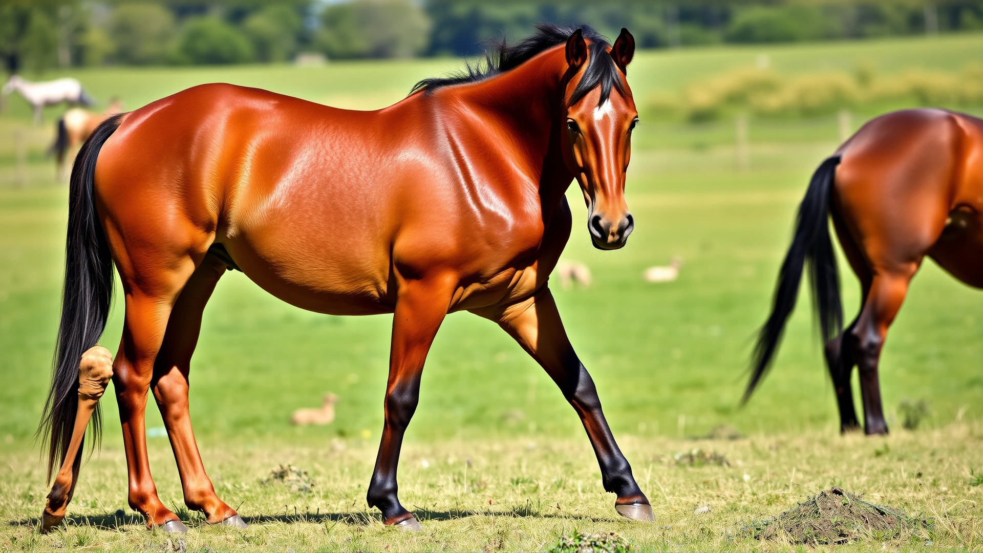 A bay horse standing in pasture showing signs of abdominal discomfort (looking at its flank, pawing the ground), sunny day, no text.
