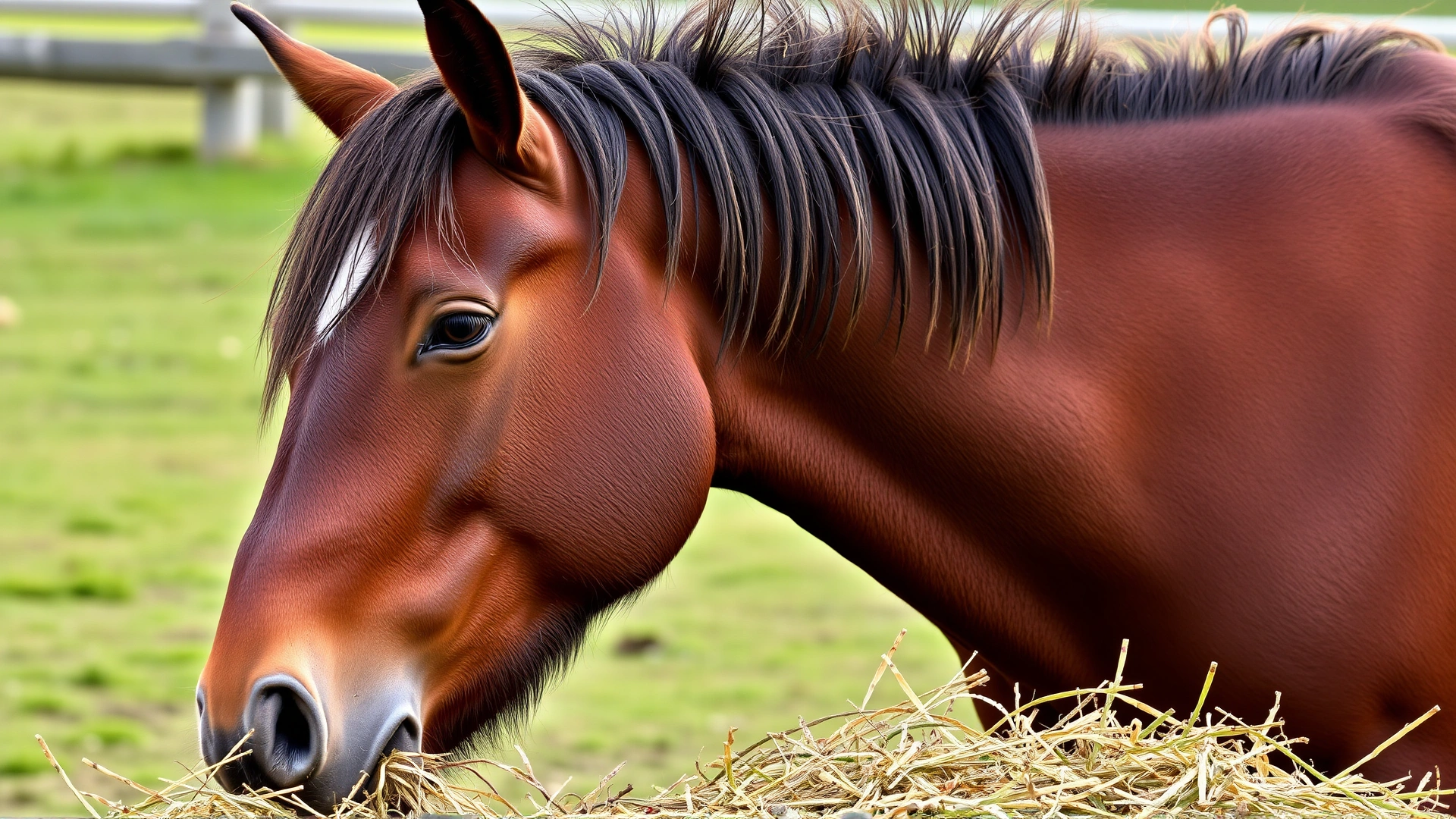 Photo of a bay horse tossing its head slightly while eating hay, illustrating mild discomfort, no text