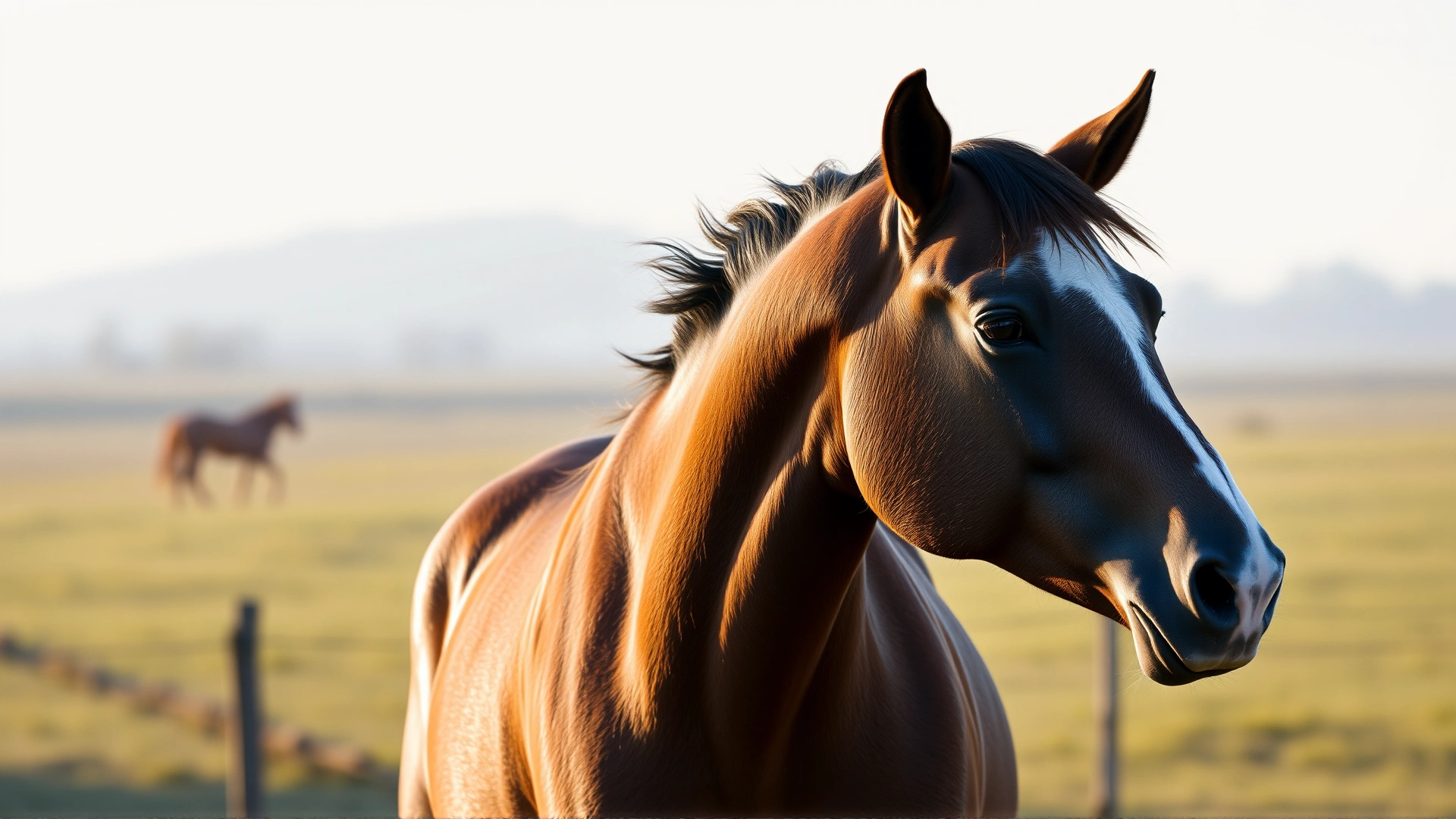 A side profile of a Garrano horse highlighting its compact build and arched neck against a simple pasture background, shot in soft morning light