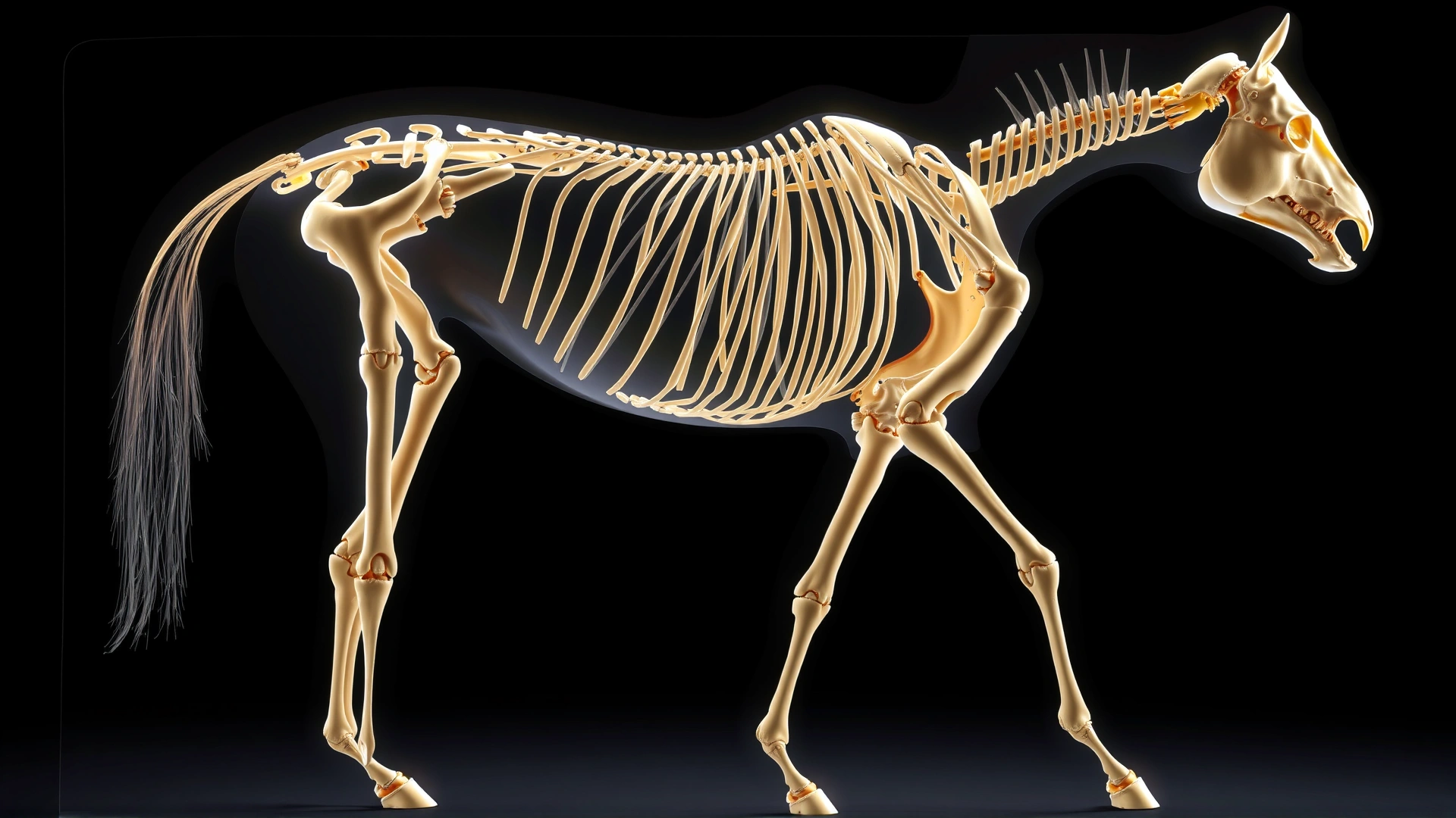 An anatomical illustration of a horse skeleton focusing on the joints, with transparent overlay on a dark background to highlight joint structures