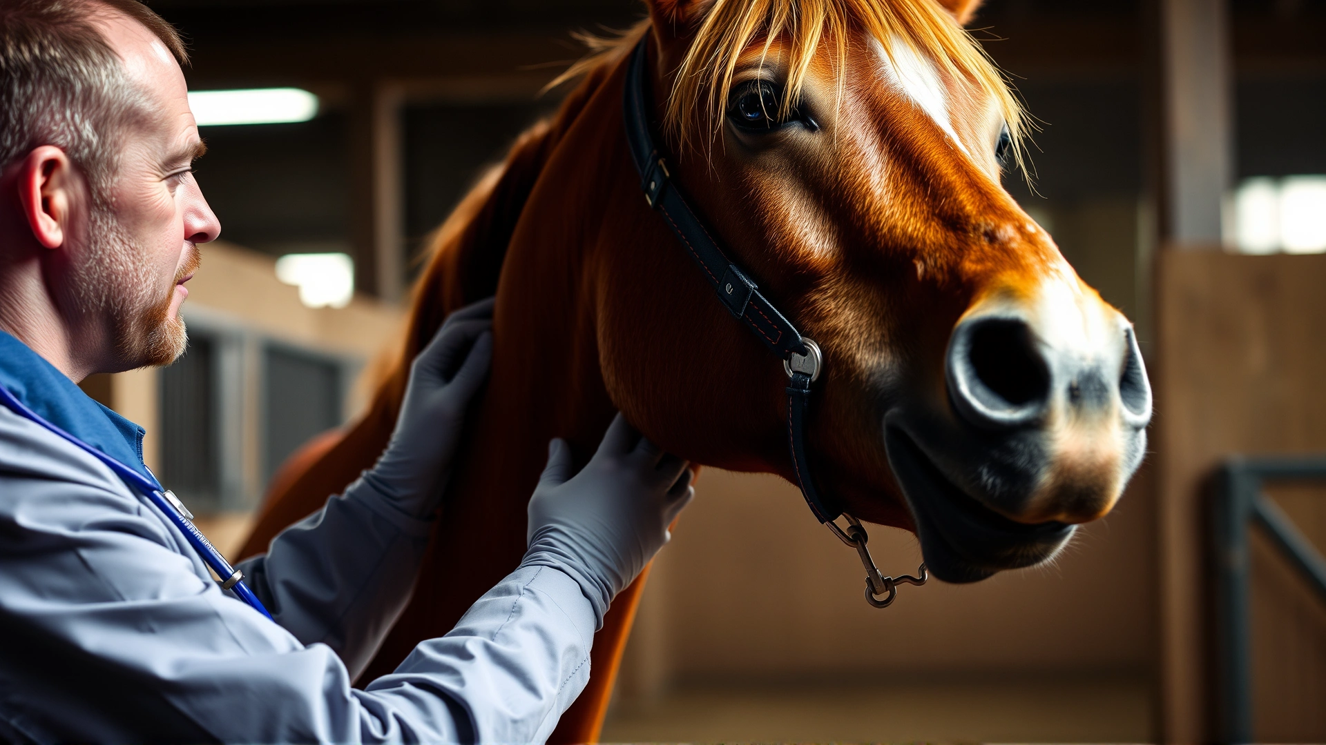 Close-up photo of a veterinarian lifting the hair and inspecting the skin on a chestnut horse’s neck in a well-lit stable.