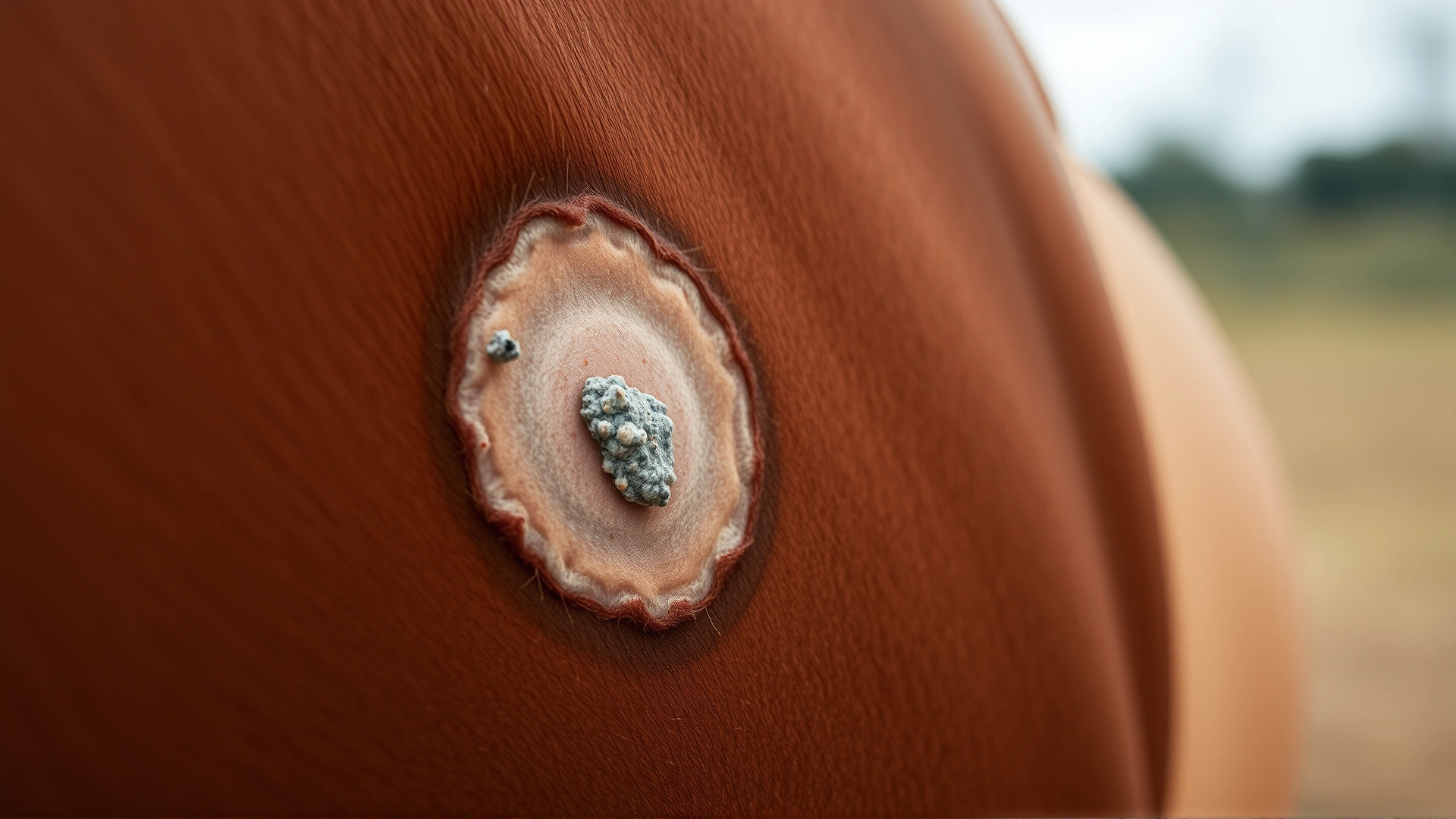 Close-up of a horse's flank displaying a round hairless lesion with greyish crust typical of ringworm; shallow depth of field, realistic detail, no text