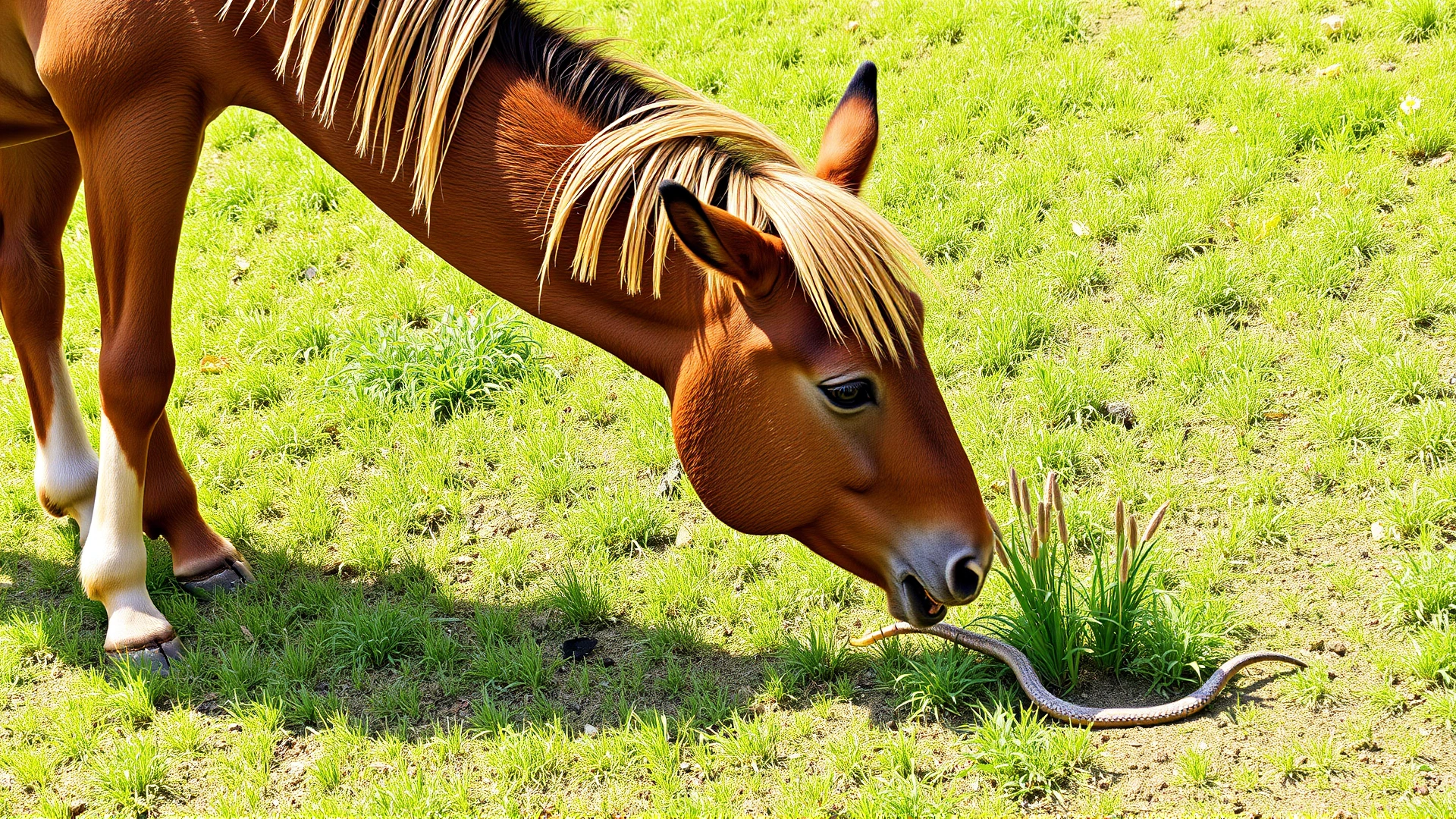 Midday scene showing a curious bay horse sniffing near a small grass patch where a snake tail is barely visible, wide shot, no text.