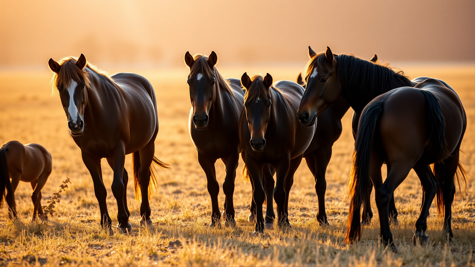 A small herd of horses interacting peacefully in an open field during golden hour, showing natural social behavior.