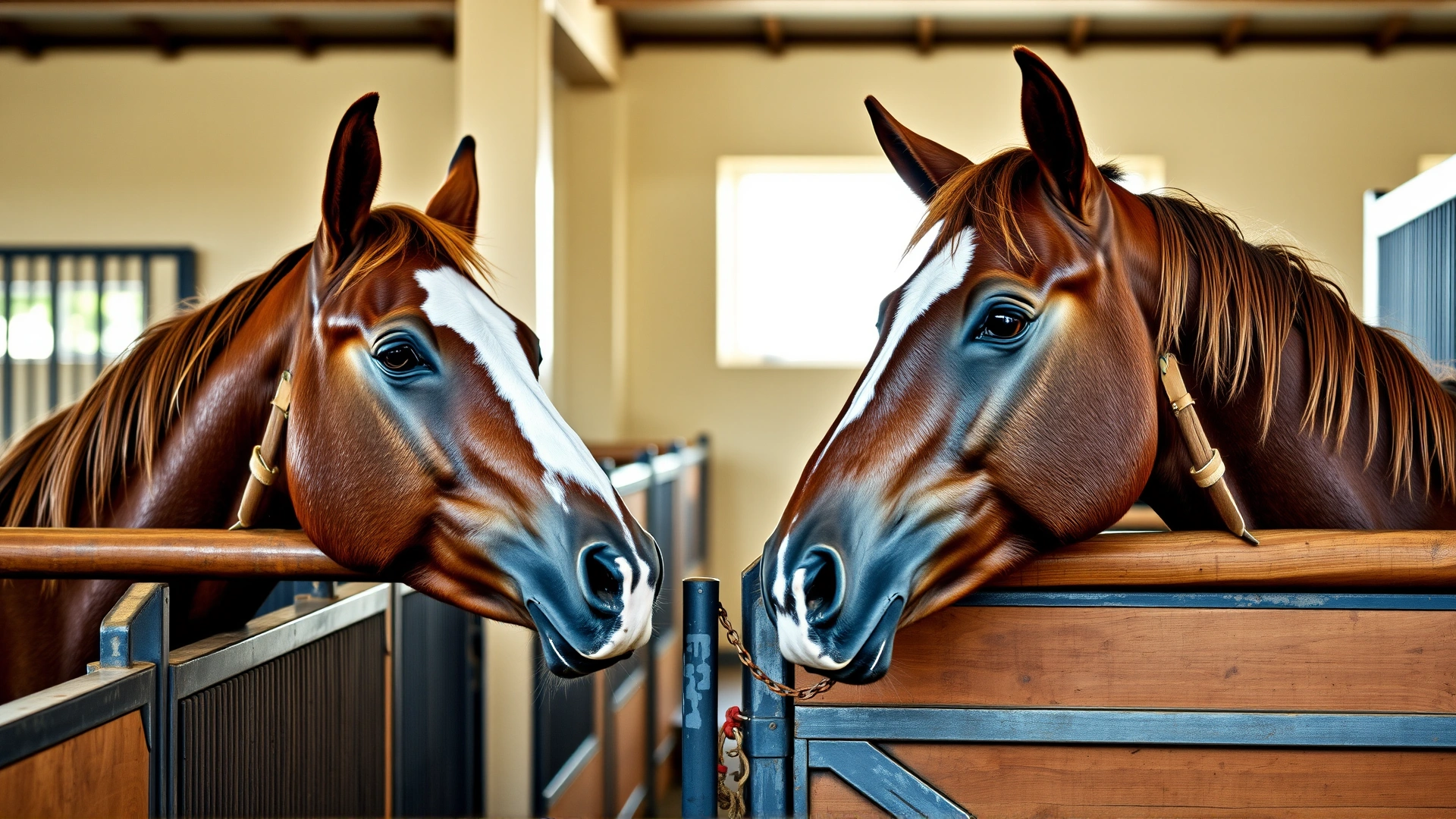 Two friendly horses reaching over low stall walls to touch noses, conveying social interaction and companionship; bright stable environment
