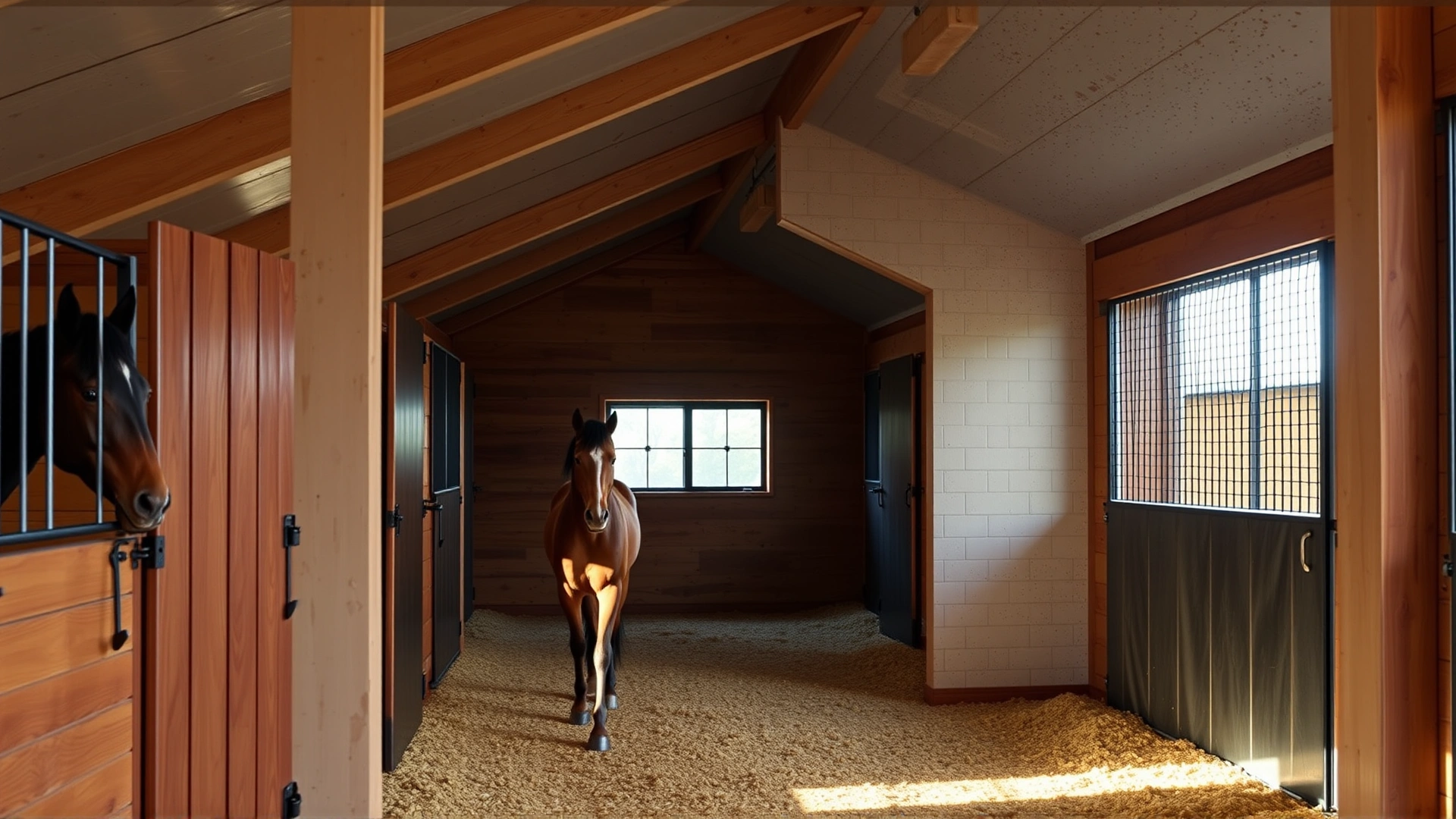 Bright, well-ventilated horse stable with fresh bedding, minimal dust, and fly screens visible on windows