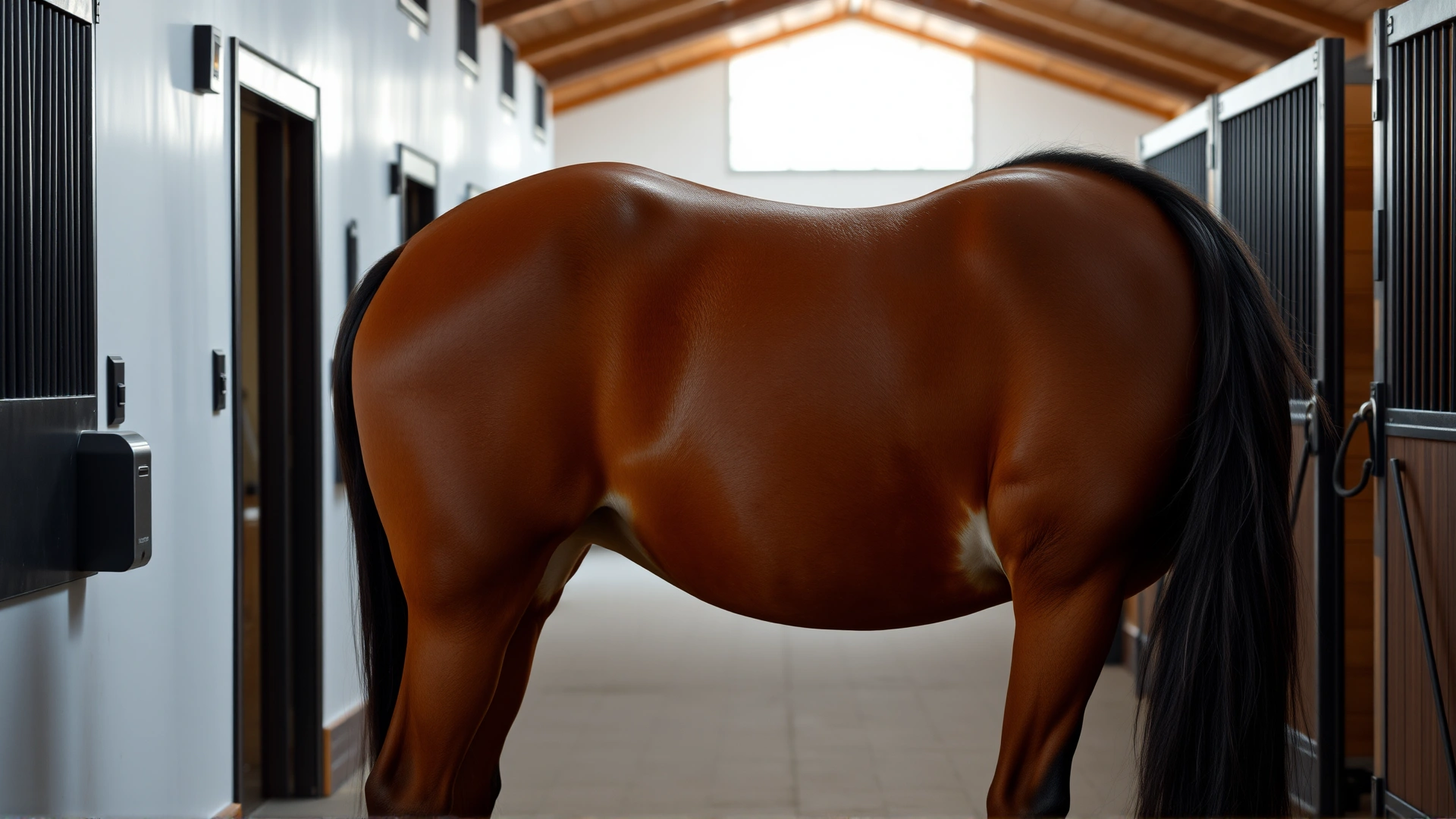 Side view of a horse with a noticeably swollen hind leg standing in a clean stable aisle, natural soft lighting