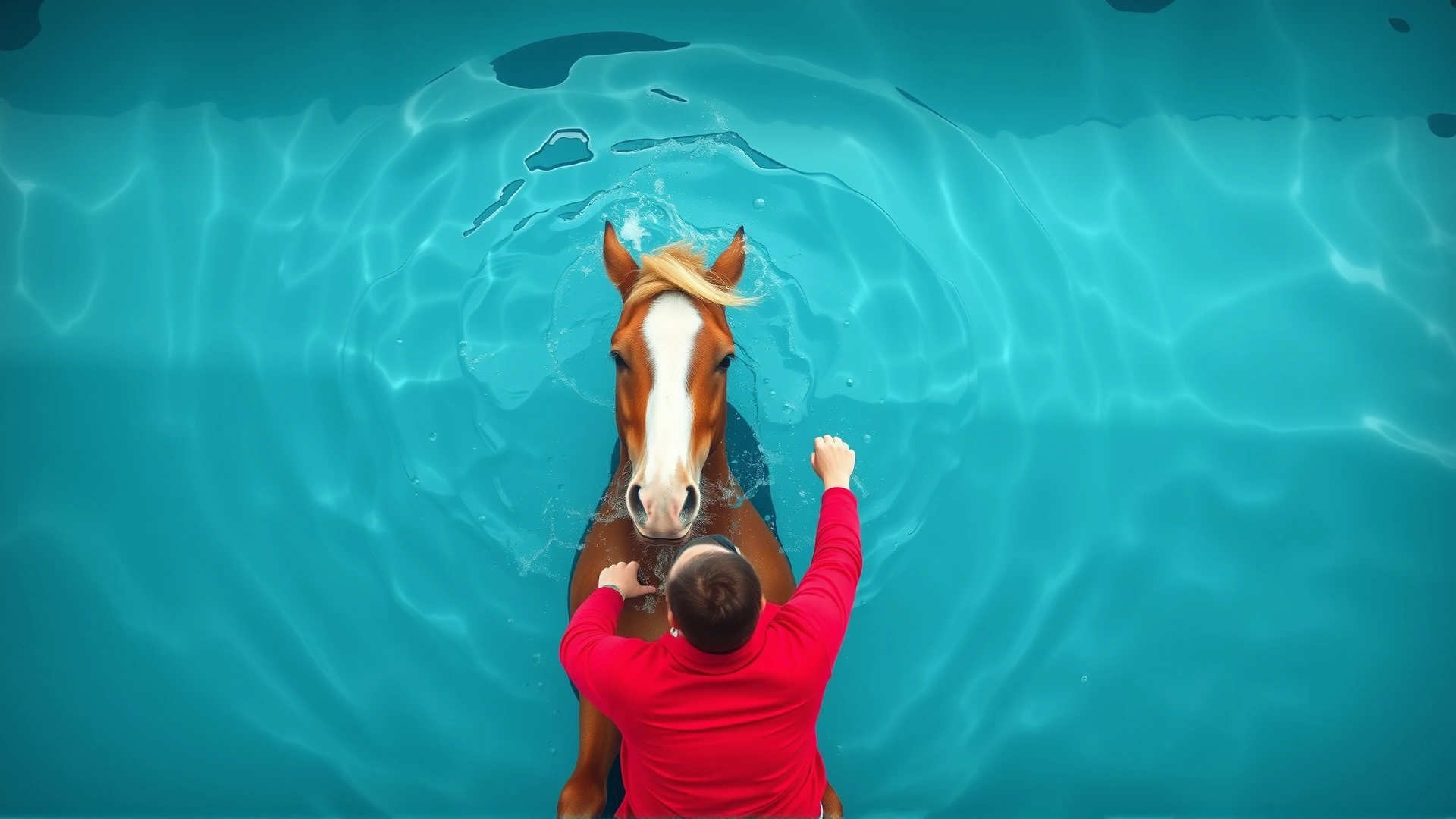 Aerial shot of a horse swimming in a large therapy pool guided by a trainer on the side, clear blue water