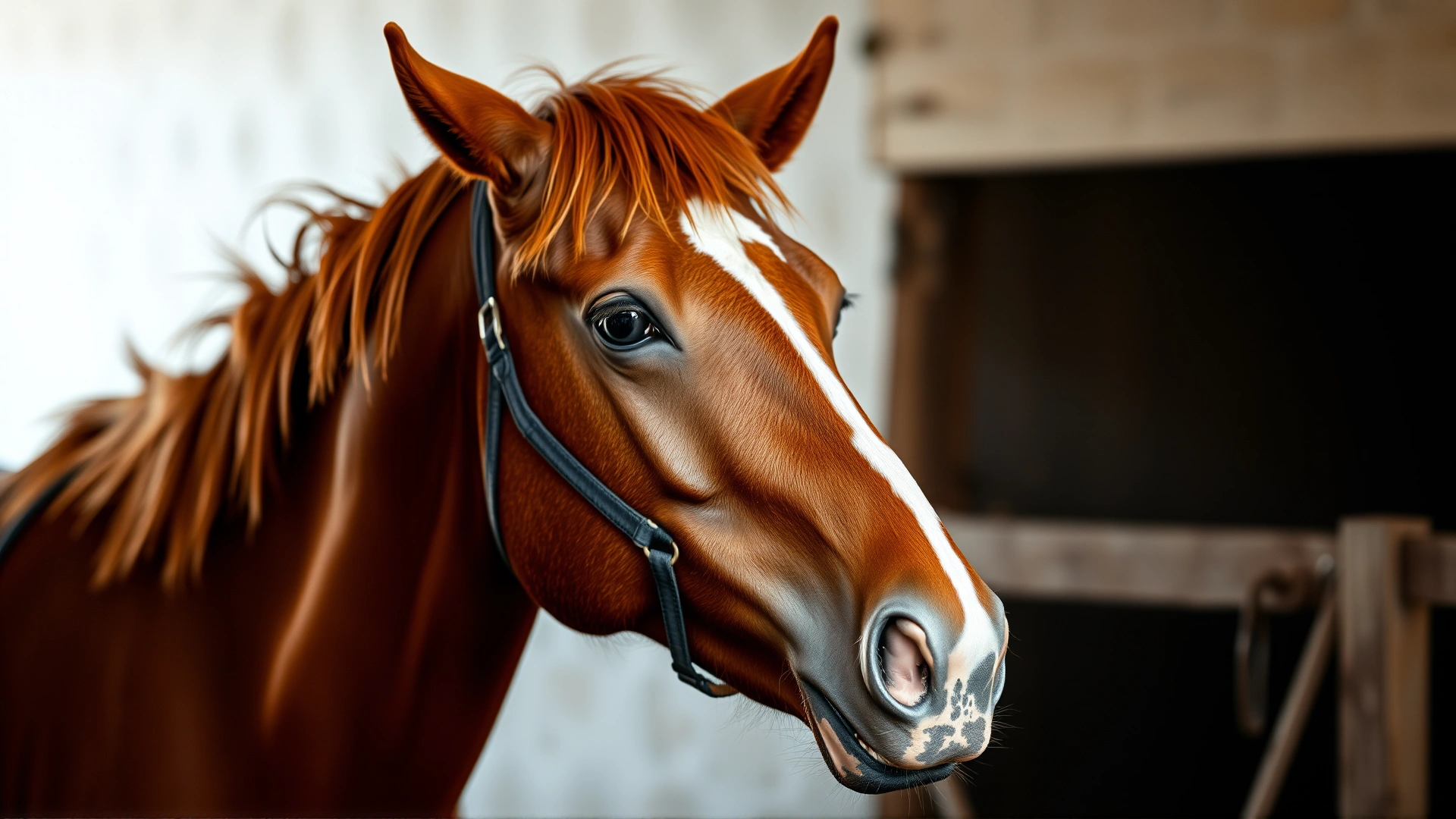 A chestnut horse displaying signs of distress—wide eyes and flared nostrils—in a stable setting, soft focus background, documentary style