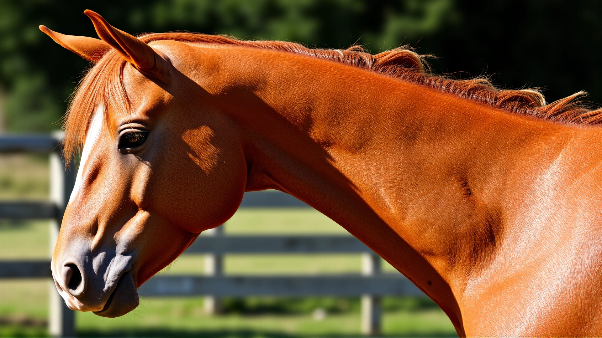 Side profile of a chestnut horse with noticeable muzzle deviation and drooping eyelid, illustrating facial nerve paralysis, outdoor setting, no text