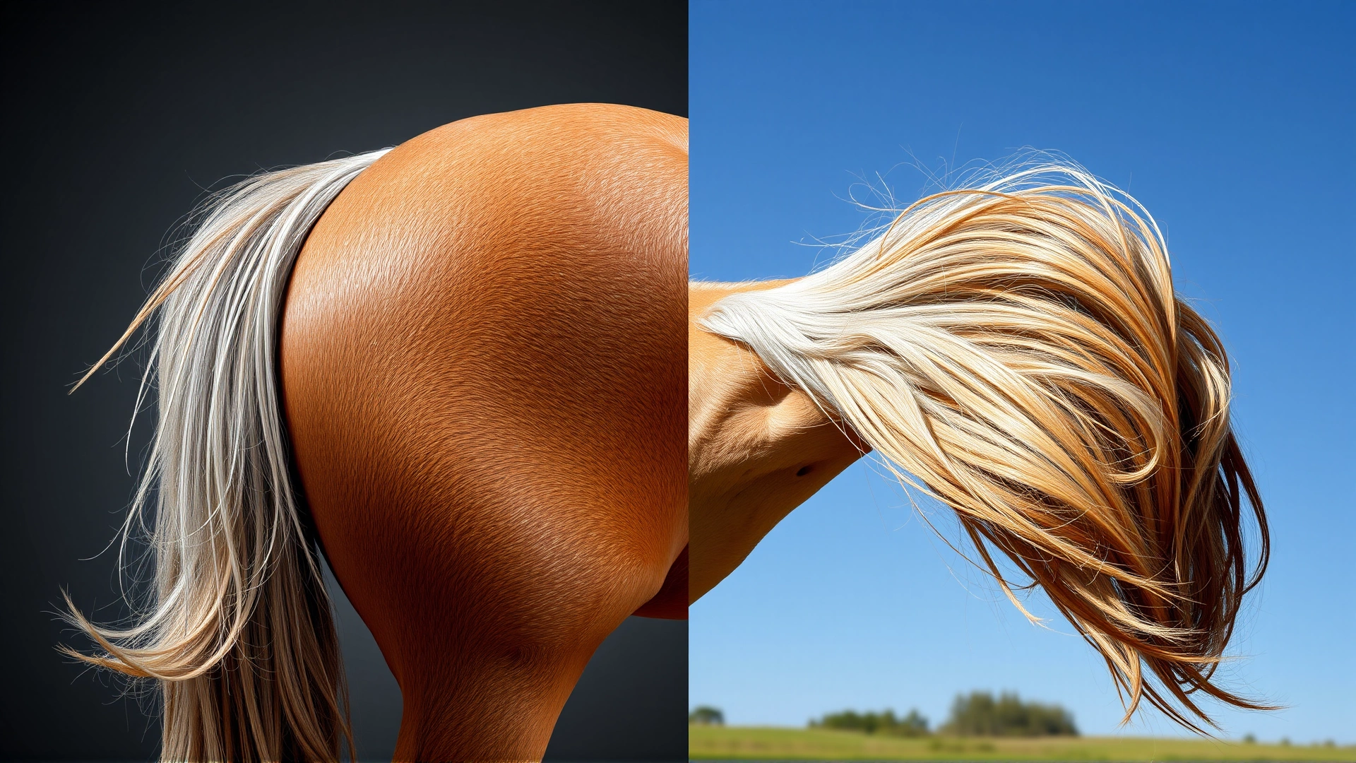 Split-frame image: left side shows frayed, balding horse tail, right side shows healthy, full tail after recovery