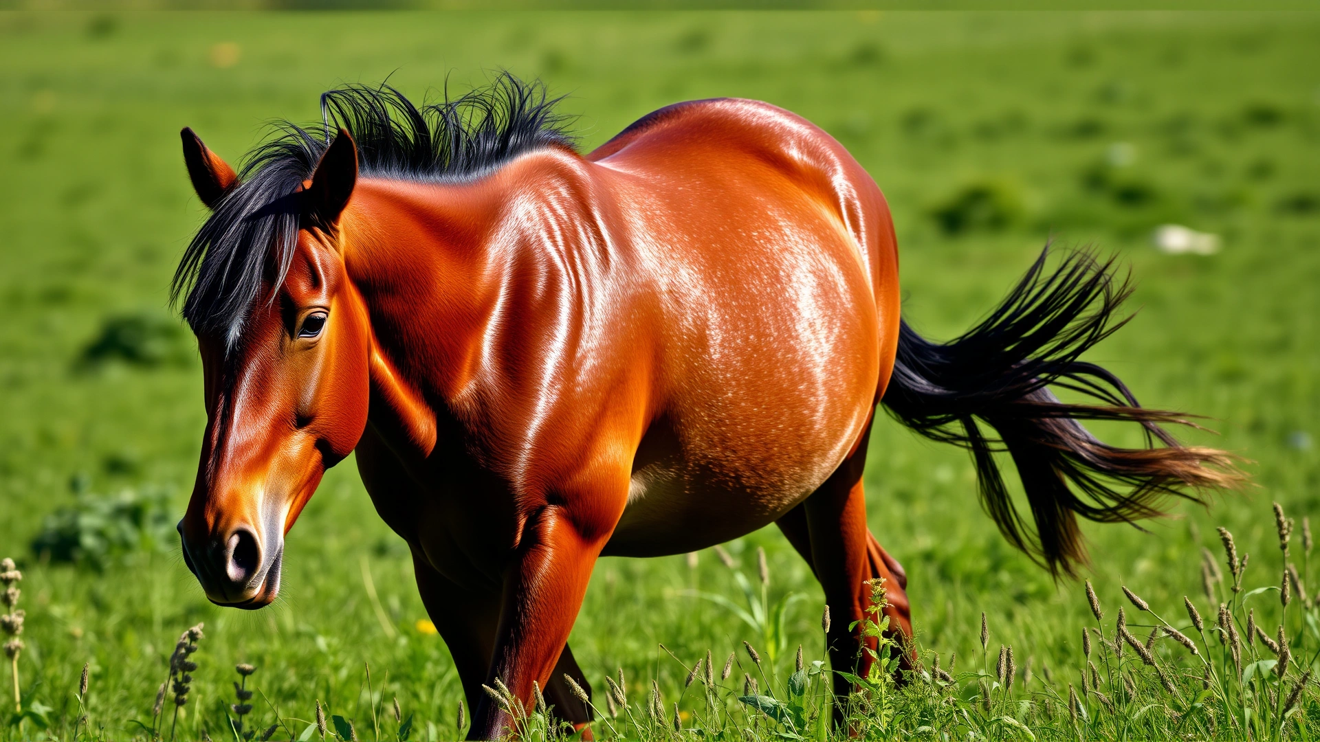Side view of a chestnut horse swishing its tail while grazing in a lush green field, mid-motion freeze, bright daylight.