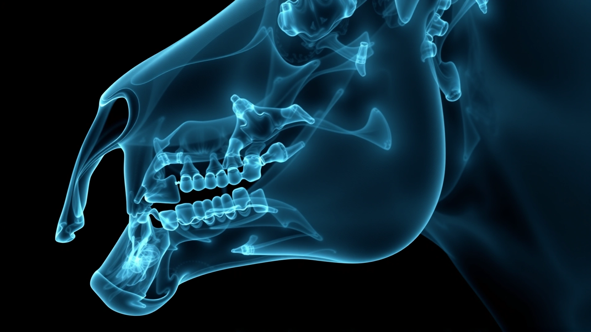 High-contrast X-ray image of a horse skull highlighting molar region, clear bone and tooth structures, no text