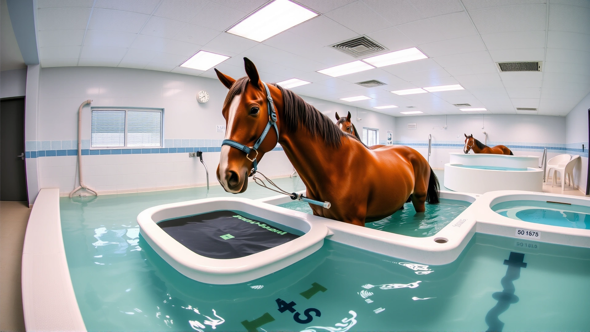 Wide-angle shot of multiple hydrotherapy setups for horses in a professional rehab center, including water treadmill, cold spa, and swimming pool, no text