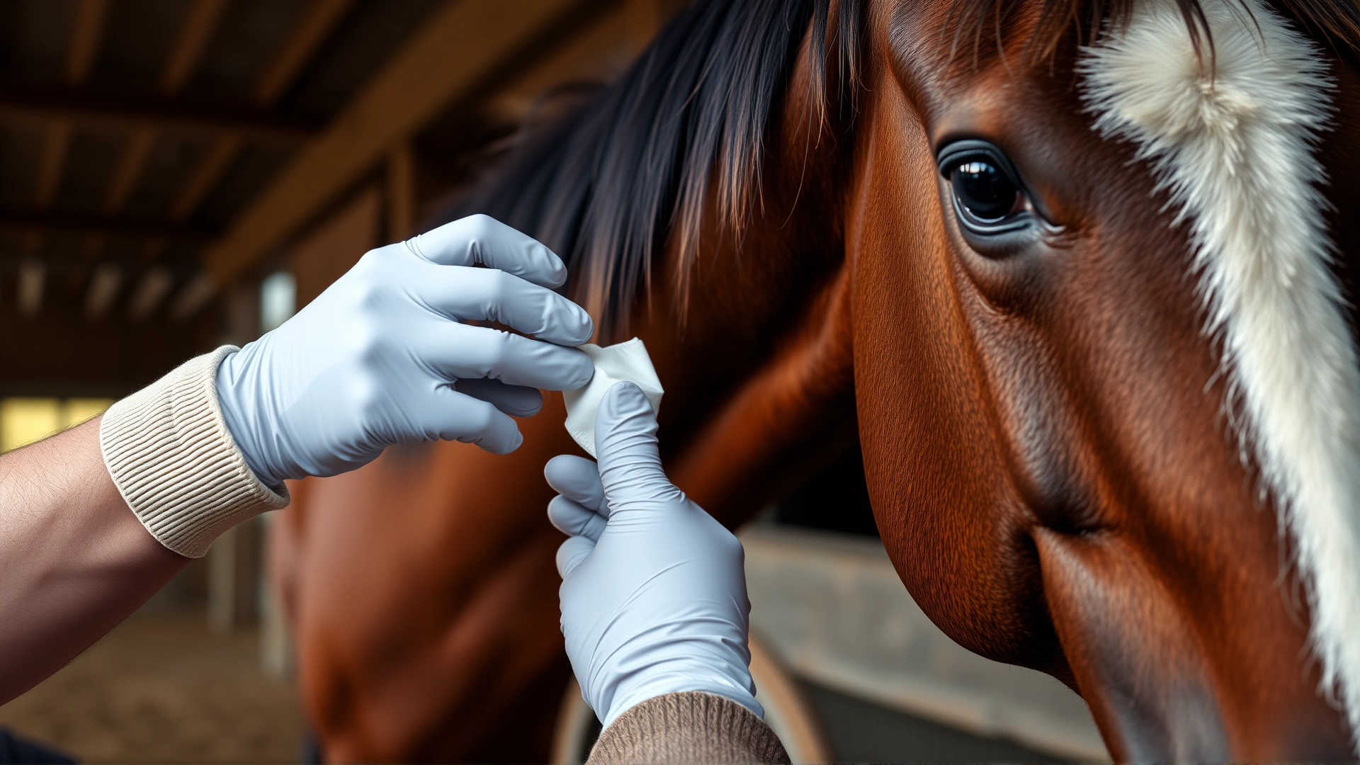 Owner wearing gloves applying topical cream to the inside of a horse’s ear in a calm barn setting.
