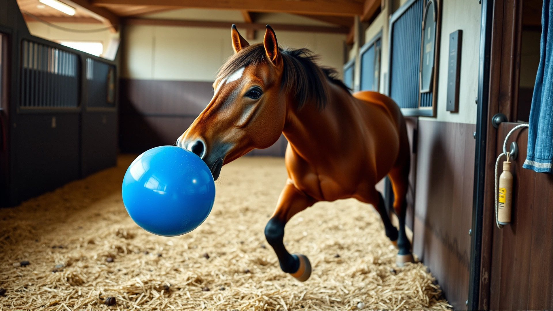 Horse energetically playing with a large blue Jolly Ball toy inside its stall, straw bedding on the floor, sense of motion