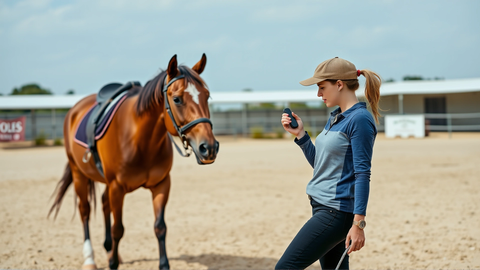 Image of a female trainer in casual equestrian gear using a clicker beside a brown horse in a sandy arena, demonstrating calm groundwork.