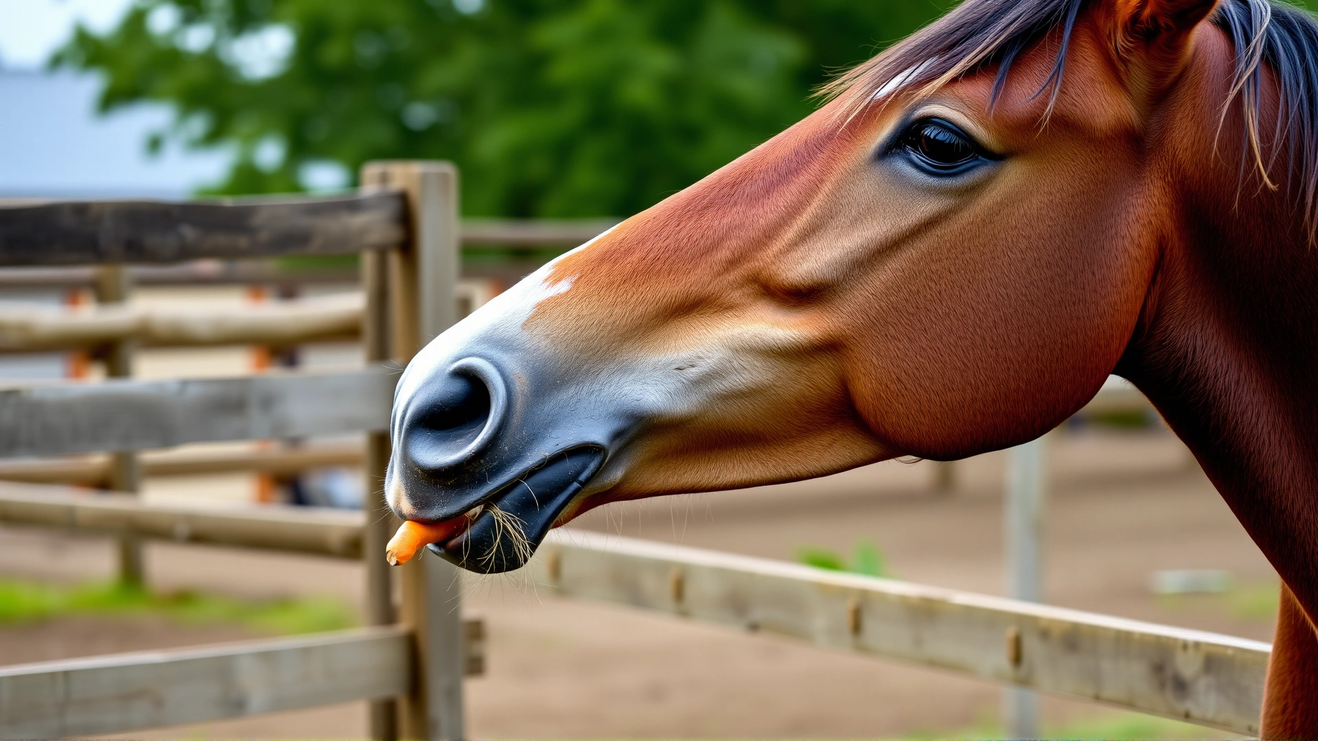 Horse receiving a carrot treat through a grazing muzzle during initial training session in a fenced arena