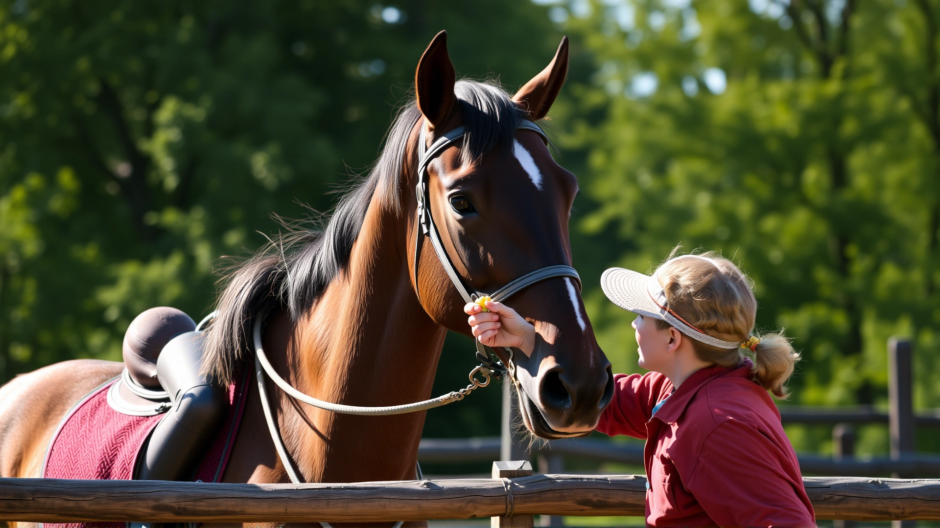Outdoor scene of a rider rewarding a horse with a small treat after successfully performing a trick, capturing positive reinforcement in action.